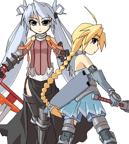katakata un, mof, girl with a blonde braid (tomoshibi hidekazu), mof's silver haired twintailed girl, redrantem's orange haired girl, original, lowres, 2girls, blonde hair, borrowed character, braid, grey hair, multiple girls, oekaki, thighhighs, twintails