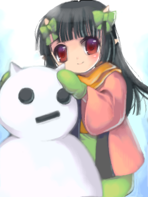 lowres, black hair, child, coat, demon girl, hair ribbon, horns, oekaki, oni, red eyes, ribbon, scarf, snow, snowman, solo