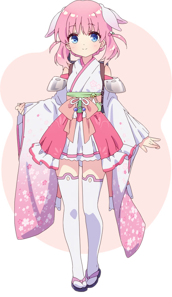 na-ga, haizakura (prima doll), prima doll (anime), official art, 1girl, anime coloring, bare shoulders, black sandals, blue eyes, blush, braid, braided bun, breasts, closed mouth, detached sleeves, full body, hair bun, hair ornament, hands up, japanese clothes, kimono, long sleeves, looking at viewer, obi, pink background, pink hair, pink ribbon, ribbon, sandals, sash, short hair, short kimono, sidelocks, small breasts, smile, solo, standing, thighhighs, thighs, two-tone background, white background, white kimono, white thighhighs, wide sleeves, zouri