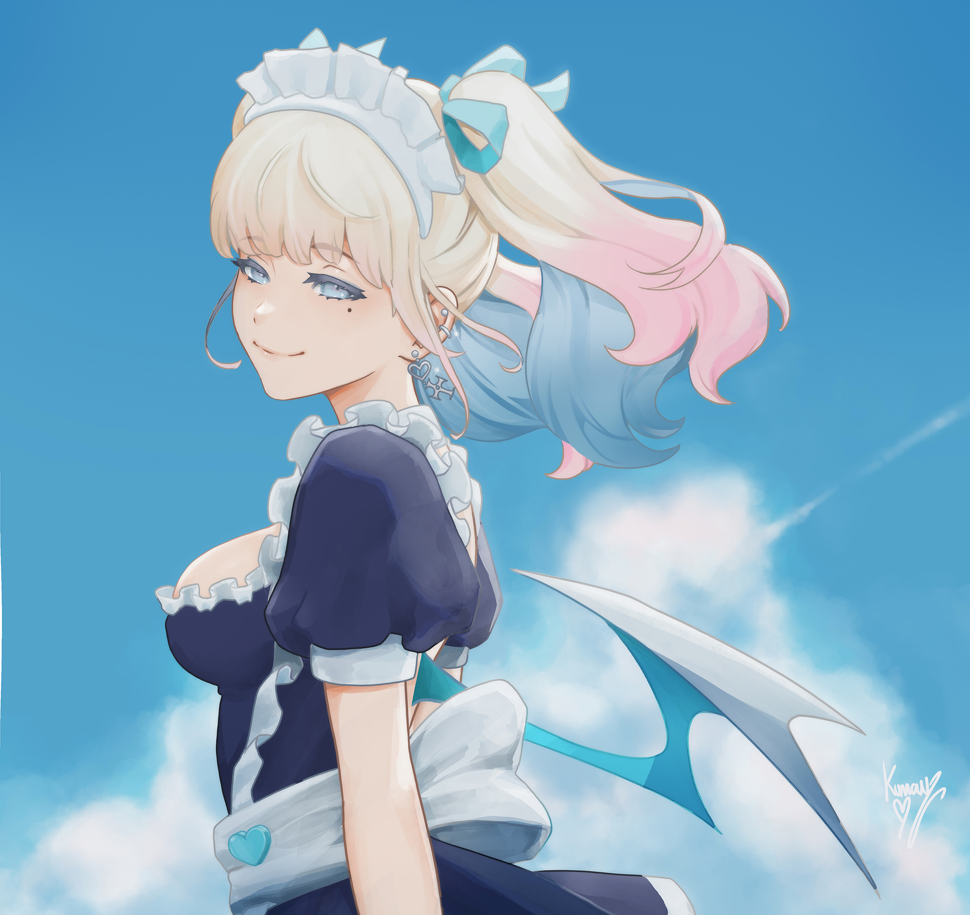 kumanz, original, highres, 1girl, blonde hair, blue eyes, blue shirt, blue sky, breasts, cloud, cloudy sky, demon wings, ear piercing, from side, gradient hair, looking at viewer, maid, maid headdress, medium breasts, mole, mole under eye, multicolored hair, namu kuzan (kumanz), piercing, pink hair, shirt, sky, smile, solo, twintails, upper body, wings