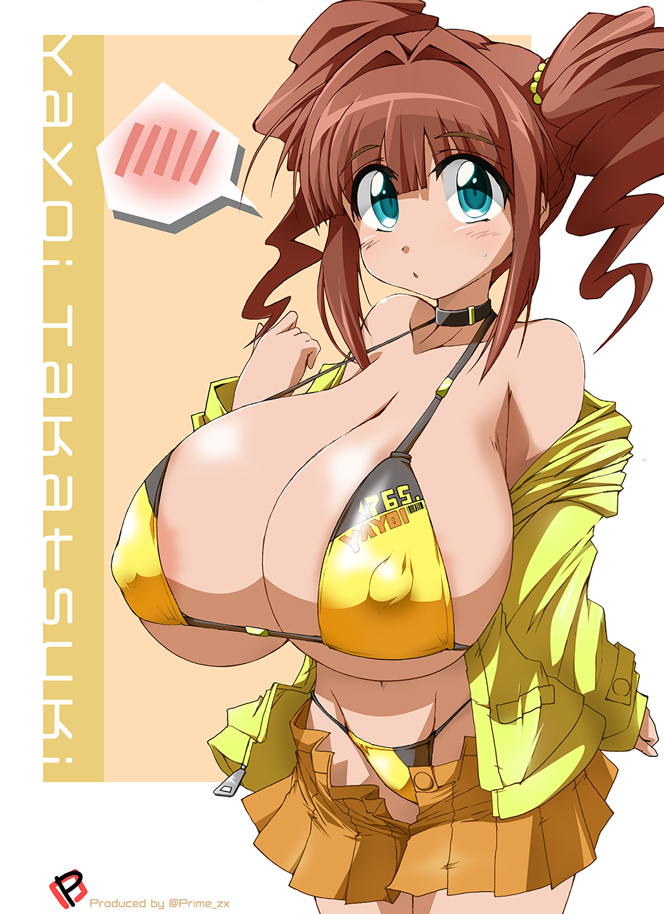 prime gmx, takatsuki yayoi, idolmaster, highres, 1girl, alternate breast size (larger), areola slip, bikini, bikini under clothes, black choker, blush, breasts, brown hair, choker, covered erect nipples, drill hair, green eyes, huge breasts, jacket, jacket partially removed, long hair, long sleeves, looking at viewer, off shoulder, oppai loli, pleated skirt, skirt, solo, swimsuit, twin drills, twintails, yellow bikini, yellow jacket, yellow skirt