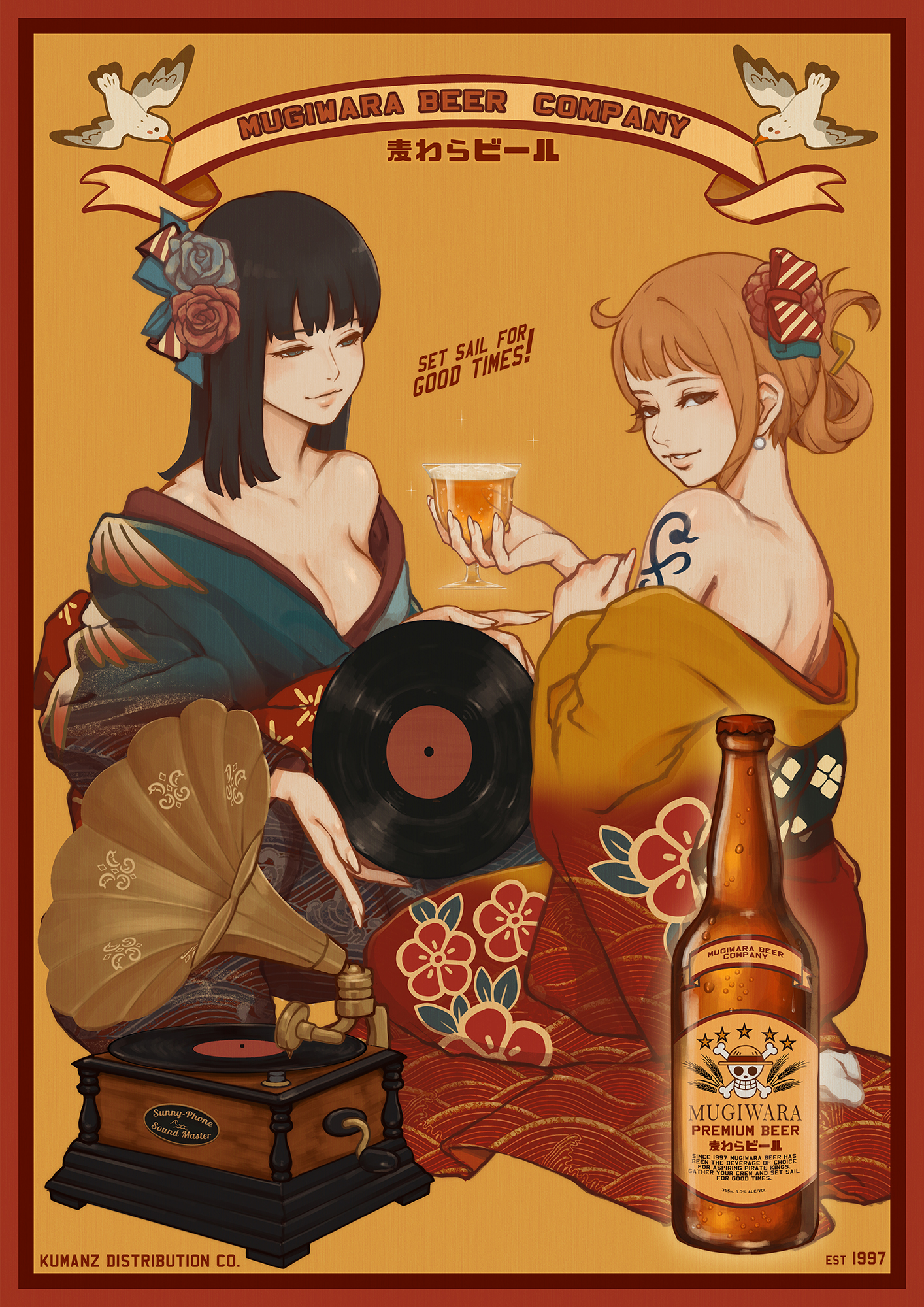 kumanz, nami (one piece), nico robin, one piece, highres, 2girls, ad, alcohol, alternate costume, beer, beer bottle, black hair, blue kimono, breasts, cleavage, flower, hair flower, hair ornament, japanese clothes, kimono, large breasts, multiple girls, off shoulder, orange background, orange kimono, phonograph, shoulder tattoo, simple background, sitting, smile, tattoo, vinyl record