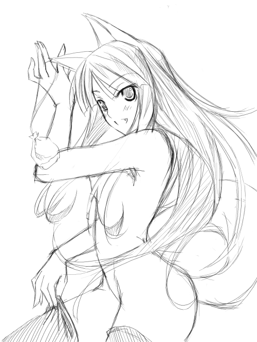 ribi, holo, spice and wolf, 00s, 1girl, animal ears, female focus, greyscale, monochrome, nude, sketch, solo, wolf ears