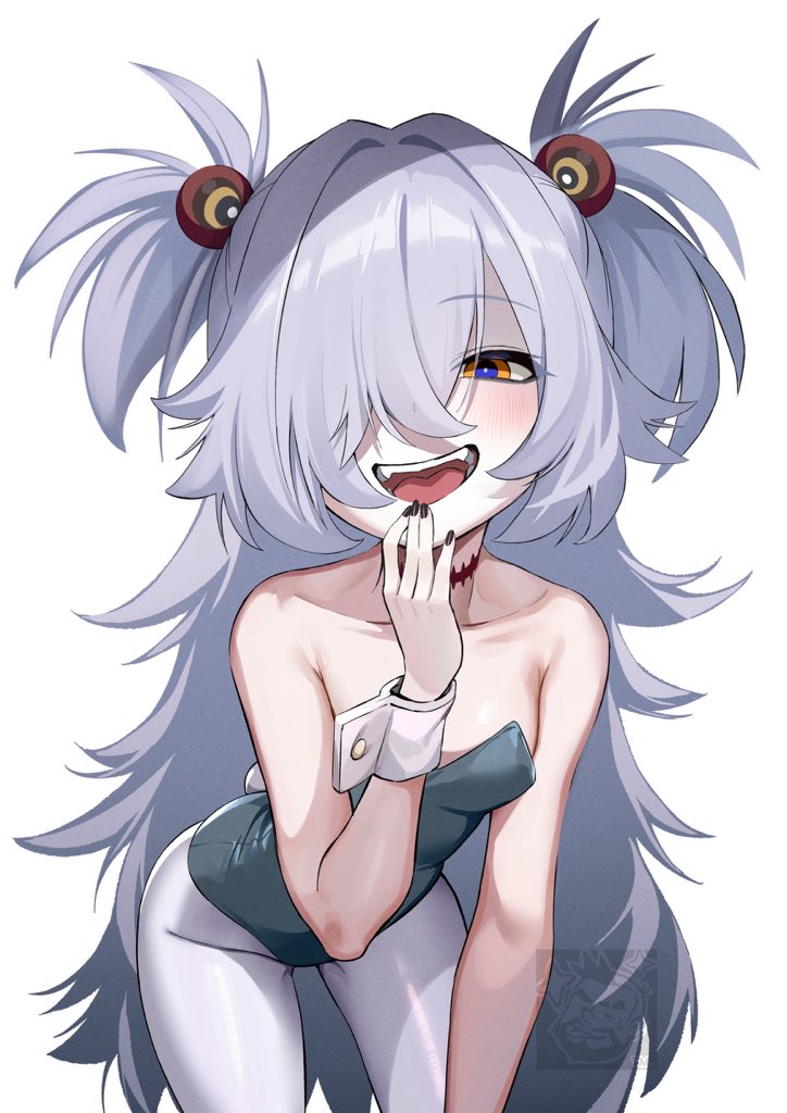 alcoholrang, kanoe (blue archive), blue archive, 1girl, bare shoulders, breasts, cowboy shot, grey hair, hair ornament, hair over one eye, leotard, long hair, looking at viewer, open mouth, pantyhose, simple background, small breasts, solo, teeth, two side up, upper teeth only, very long hair, white background, white wrist cuffs, wrist cuffs