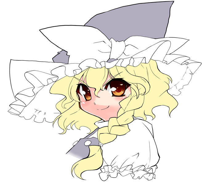himukai kyousuke, hinata kyousuke, kirisame marisa, touhou, unfinished, 1girl, blonde hair, braid, female focus, frown, hat, orange eyes, partially colored, smile, solo, upper body, white background, witch, witch hat