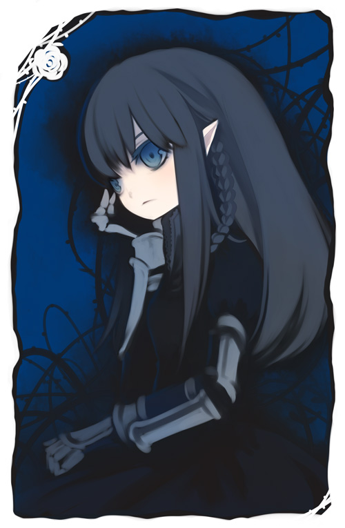 puti devil, pixiv fantasia, pixiv fantasia 1, 1girl, armor, black hair, blue eyes, braid, elbow gloves, elf, female focus, gauntlets, gloves, grey hair, pointy ears, solo