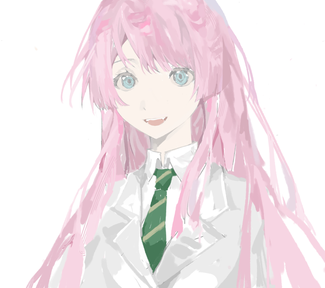 chihaya anon, bang dream!, bang dream! it's mygo!!!!!, commentary, 1girl, :d, blue eyes, collared shirt, diagonal-striped clothes, diagonal-striped necktie, green necktie, grey jacket, haneoka school uniform, jacket, long hair, looking at viewer, ming you (fish159412), necktie, open mouth, pink hair, school uniform, shirt, sidelocks, simple background, smile, solo, striped clothes, tsukinomori school uniform, upper body, white background, white shirt