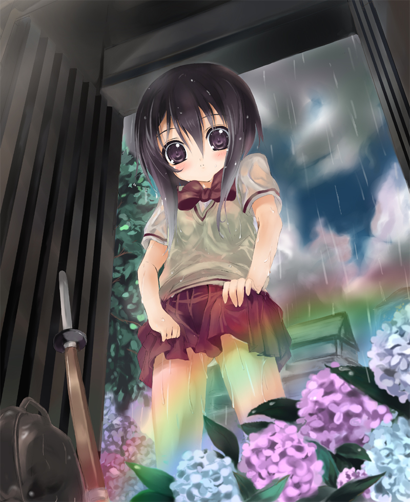 shino (eefy), kawazoe tamaki, bamboo blade, 00s, 1girl, black hair, clothes lift, female focus, flower, hydrangea, loli, no panties, purple eyes, rain, rainbow, school uniform, serafuku, shinai, short hair, skirt, skirt lift, solo, sword, weapon, wet