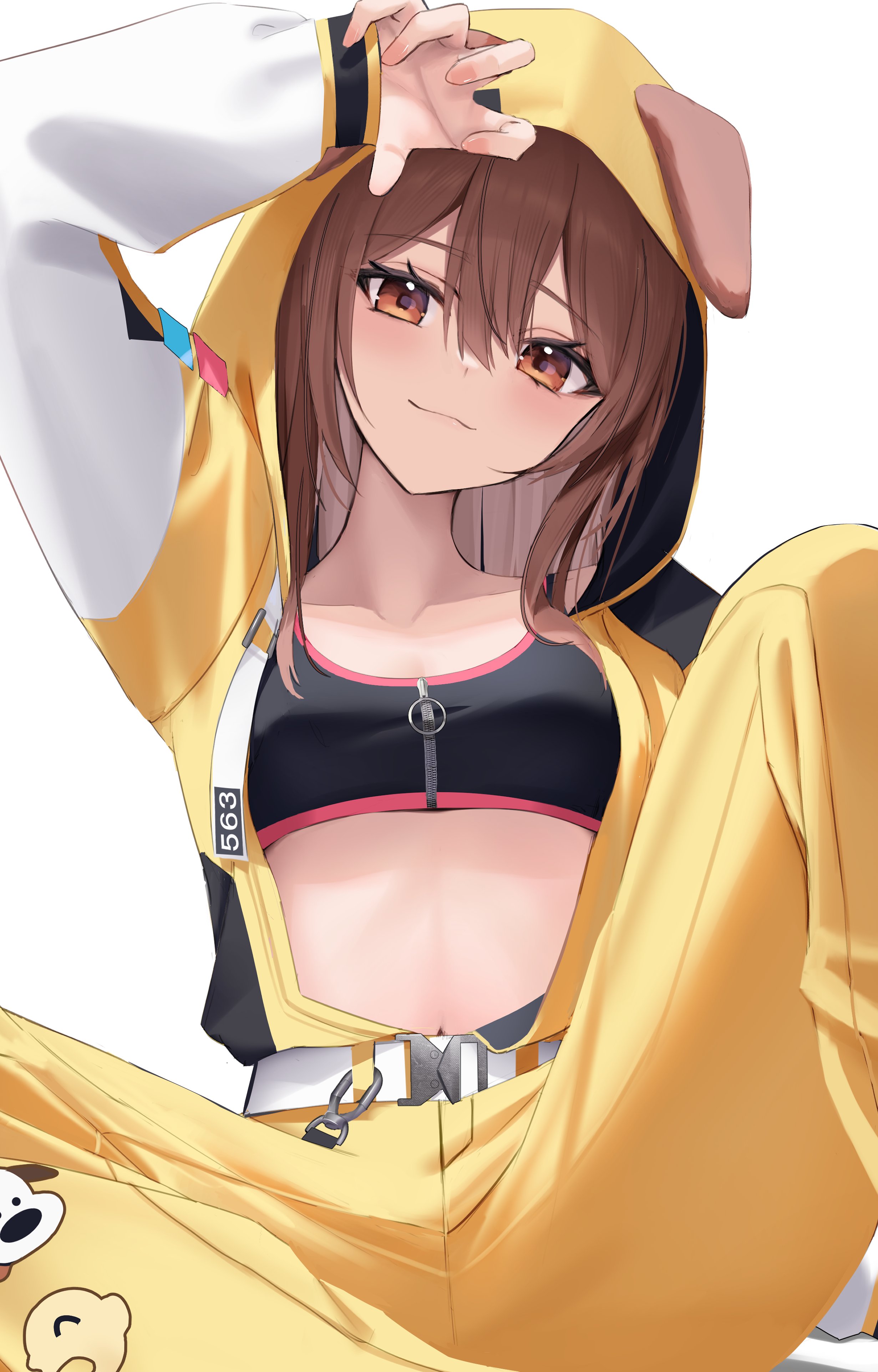 thomas 8000, inugami korone, hololive, absurdres, hashtag-only commentary, highres, 1girl, animal ears, belt, bodysuit, brown eyes, brown hair, dog ears, dog girl, looking at viewer, medium hair, navel, simple background, smile, solo, sports bra, white background, yellow bodysuit