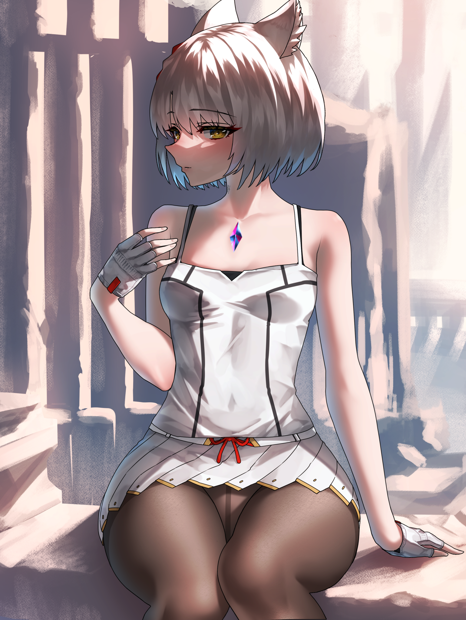 riro (breakthrough rr), mio (xenoblade), xenoblade chronicles (series), xenoblade chronicles 3, highres, 1girl, bare shoulders, blush, breasts, dress, fingerless gloves, gem, gloves, grey hair, looking at viewer, panties, panties under pantyhose, pantyhose, pantyshot, short hair, sitting, sleeveless, sleeveless dress, small breasts, solo, underwear, white dress, white gloves, white panties, yellow eyes
