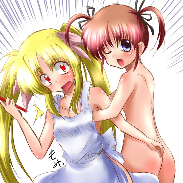 misana, fate testarossa, takamachi nanoha, lyrical nanoha, mahou shoujo lyrical nanoha, 00s, apron, loli, naked apron, nude, yuri