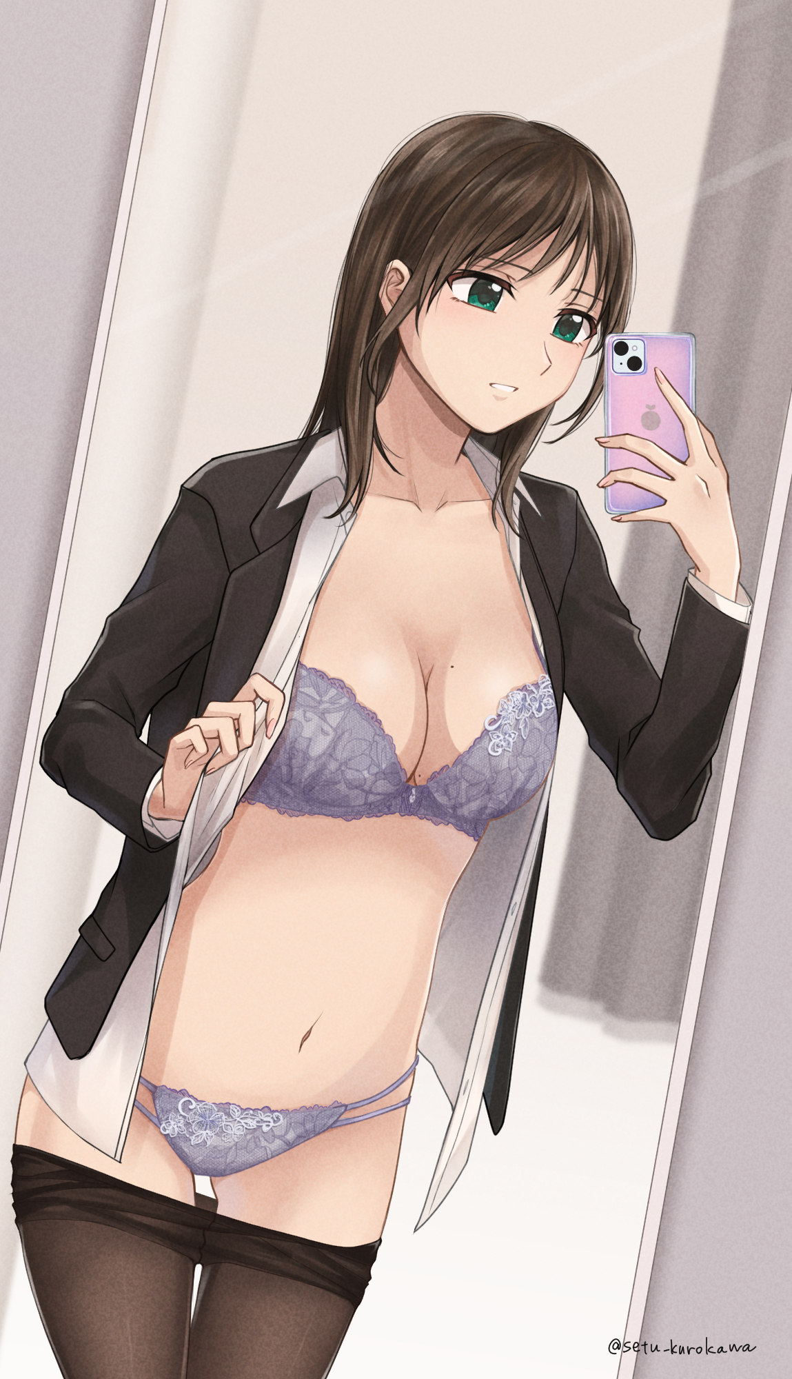 setu kurokawa, original, commentary request, commission, highres, pixiv commission, 1girl, artist name, black jacket, black pantyhose, bra, brown hair, clothes pull, collared shirt, formal clothes, green eyes, grin, jacket, long hair, navel, open clothes, open jacket, open shirt, panties, pantyhose, pantyhose pull, purple bra, purple panties, selfie, shirt, smile, solo, standing, stomach, suit, teacher, thighs, twitter username, underwear, watermark, white shirt