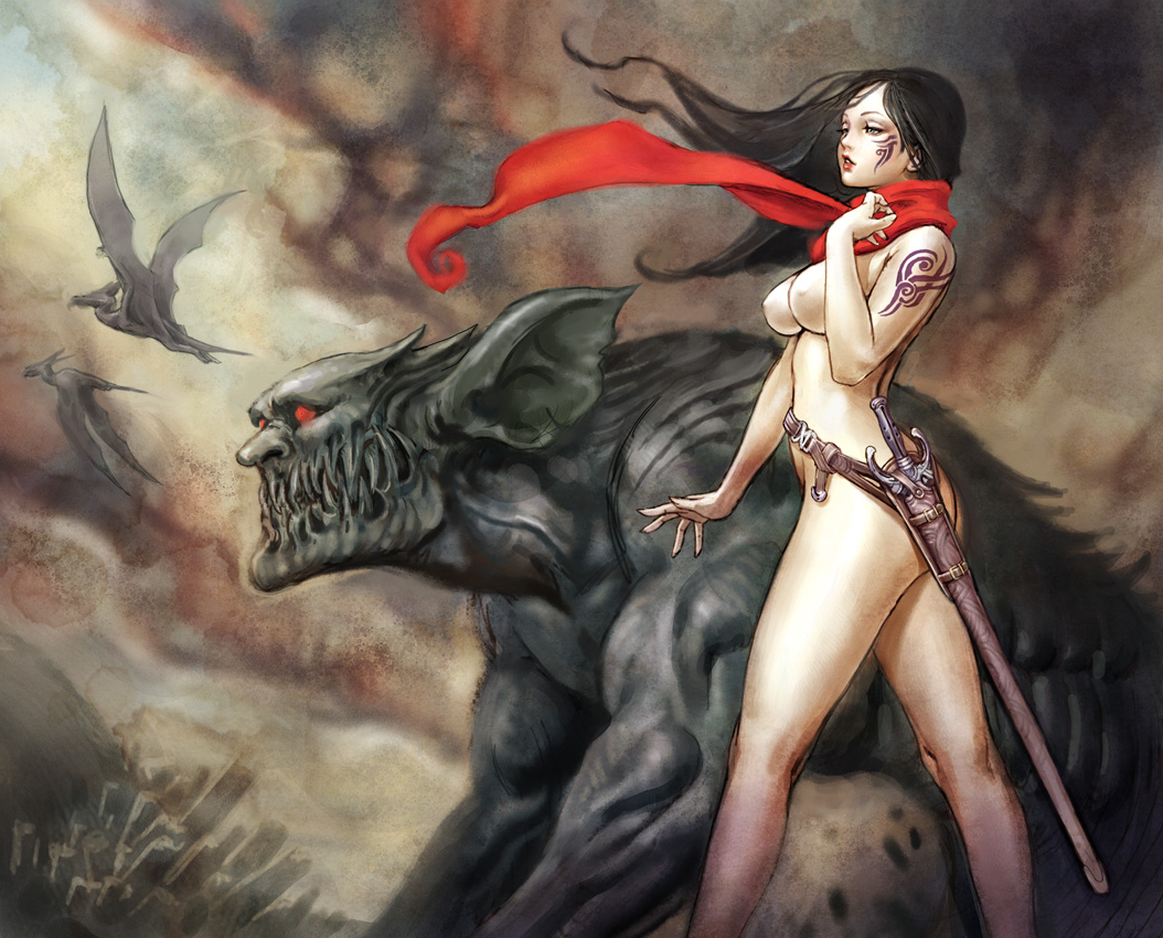 yamashita shun'ya, original, bad id, bad pixiv id, 1girl, arm tattoo, black hair, breasts, facial tattoo, female focus, long hair, naked scarf, nipples, no pants, nude, scarf, solo, sword, tattoo, weapon