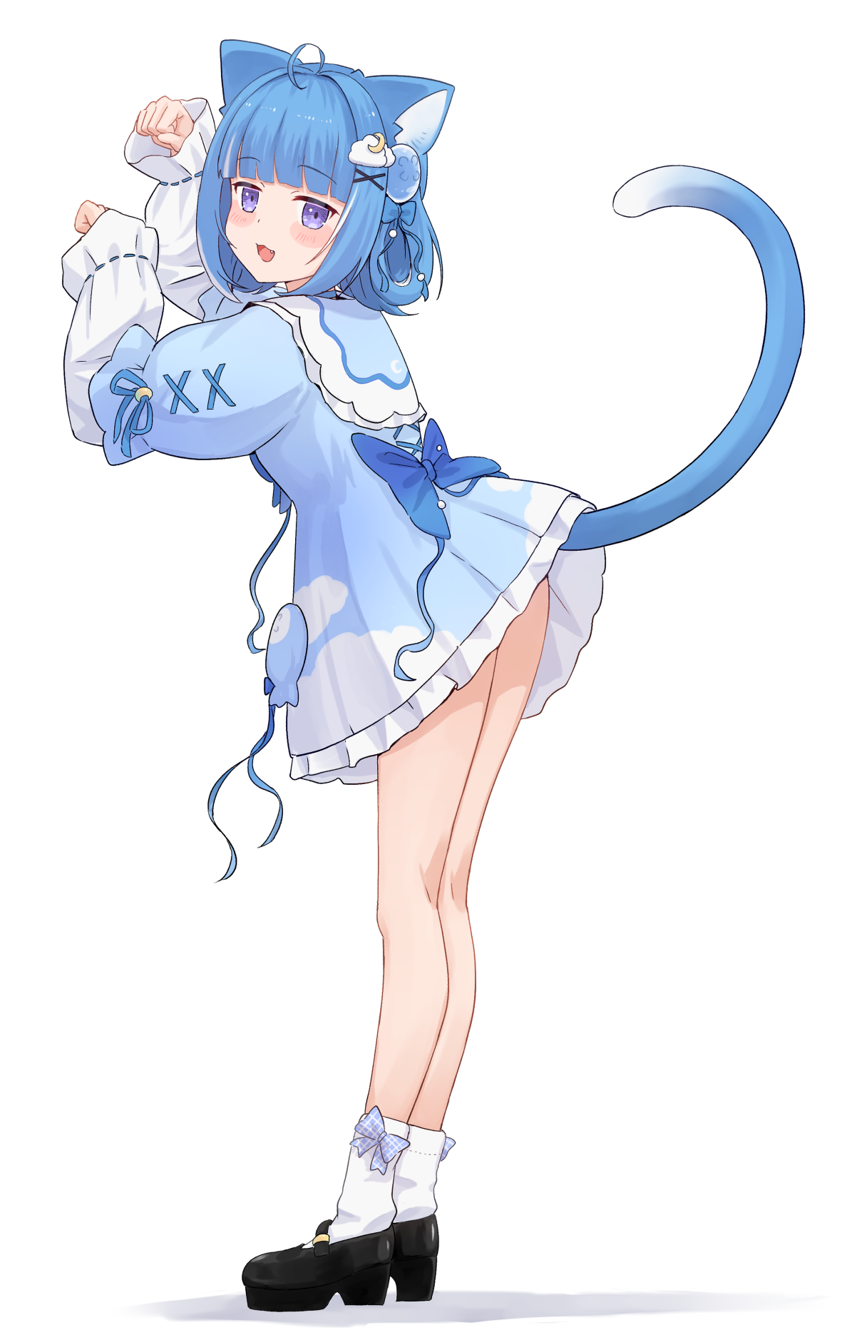 syagare, kurageu roa, indie virtual youtuber, highres, 1girl, animal ears, blue bow, blue dress, blue hair, blush, bow, cat ears, cat girl, cat tail, dress, frilled dress, frills, full body, hair rings, long sleeves, looking at viewer, medium hair, multicolored dress, open mouth, paw pose, purple eyes, simple background, smile, solo, tail, virtual youtuber, white background