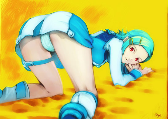kobayashi yuji, eureka (eureka seven), eureka seven, eureka seven (series), white footwear, 00s, 1girl, all fours, aqua hair, ass, bent over, blue hair, boots, lingerie, panties, pantyshot, red eyes, solo, thigh strap, top-down bottom-up, underwear