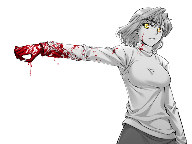 yanagi (tsukiakari), arcueid brunestud, tsukihime, 00s, 1girl, blood, blood on clothes, blood on face, blood on hands, female focus, monochrome, outstretched arm, short hair, solo, spot color, sweater, yellow eyes