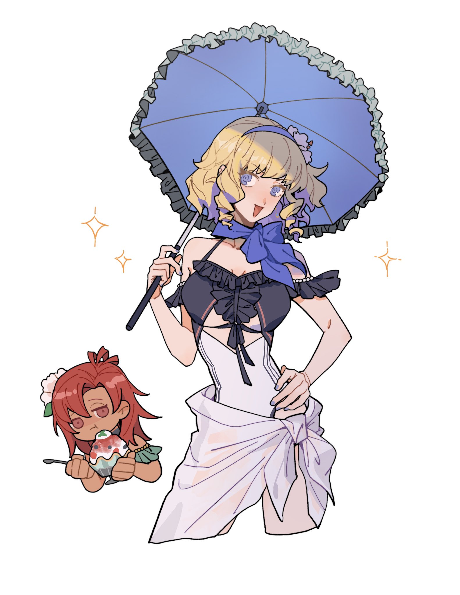 julianlynnnn, constance von nuvelle, constance von nuvelle (summer), hapi (fire emblem), hapi (summer) (fire emblem), fire emblem, fire emblem: three houses, fire emblem heroes, nintendo, highres, 2girls, bare shoulders, berry, bikini, blonde hair, blush, breasts, chibi, closed mouth, collarbone, dark-skinned female, dark skin, drill hair, drill sidelocks, eating, flower, food, green bikini, hair flower, hair ornament, hairband, holding, holding spoon, holding umbrella, ice cream, jewelry, large breasts, medium hair, multicolored hair, multiple girls, official alternate costume, one-piece swimsuit, open mouth, parasol, purple hair, red eyes, red hair, sarong, shaved ice, sidelocks, simple background, smile, solo focus, spoon, star (symbol), swimsuit, umbrella, underboob, white background, white one-piece swimsuit, white sarong