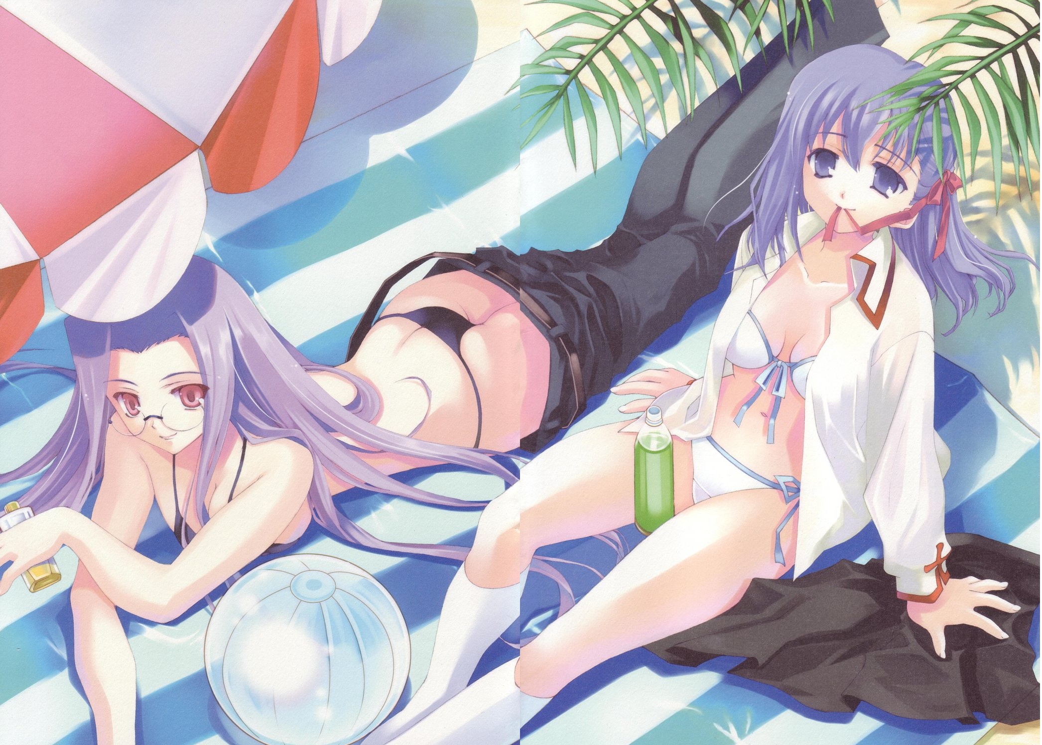 matou sakura, medusa (fate), medusa (rider) (fate), fate/stay night, fate (series), highres, 00s, ass, ball, beachball, bikini, glasses, hair ribbon, long hair, lying, open clothes, open shirt, pink eyes, purple eyes, purple hair, ribbon, shirt, square pupils, swimsuit, undressing
