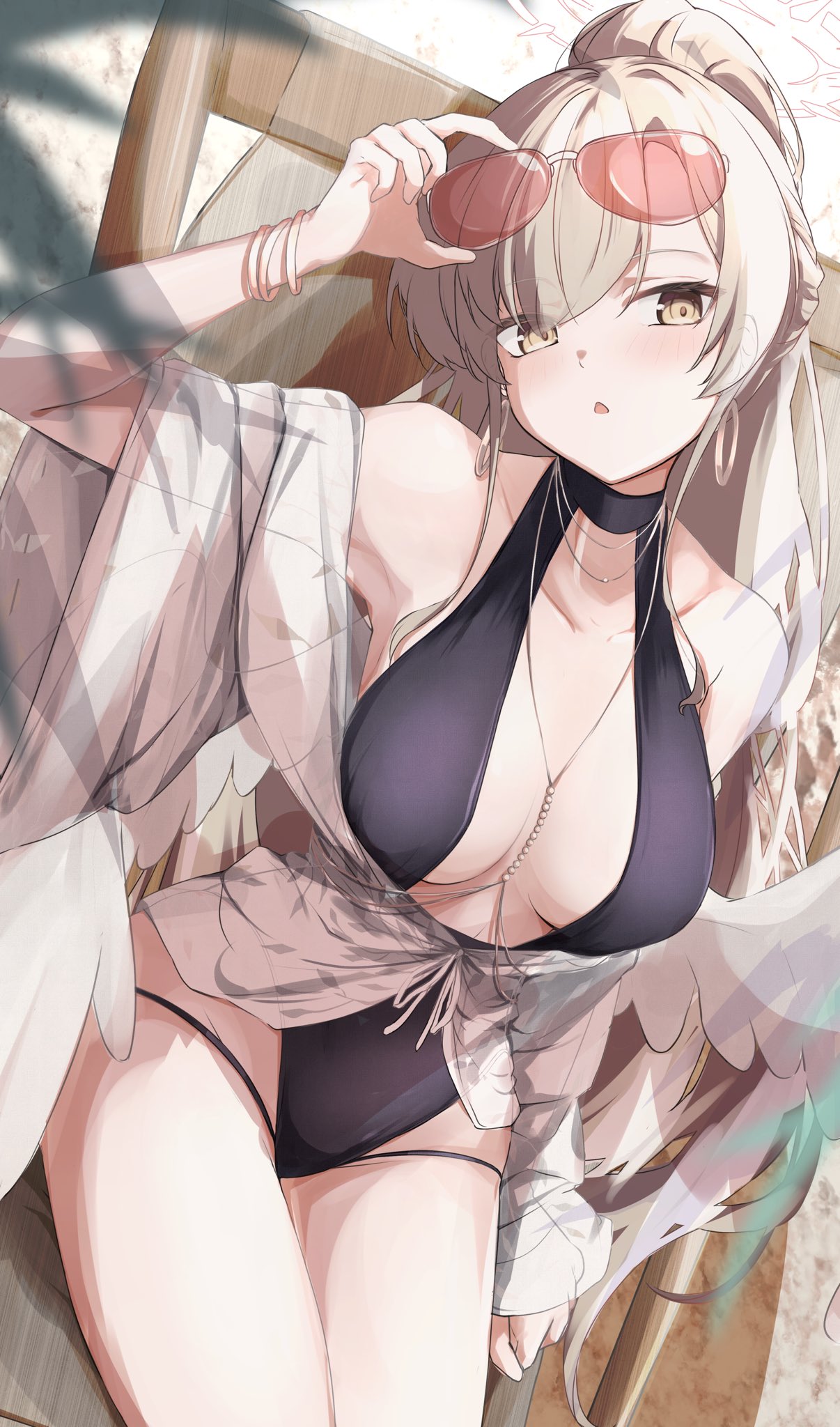 from tonkatu, nagisa (blue archive), nagisa (swimsuit) (blue archive), blue archive, highres, 1girl, bikini, black one-piece swimsuit, blonde hair, blush, breasts, eyewear on head, feathered wings, halterneck, jewelry, long hair, looking at viewer, low wings, official alternate costume, official alternate hairstyle, one-piece swimsuit, ponytail, solo, sunglasses, swimsuit, tinted eyewear, white wings, wings