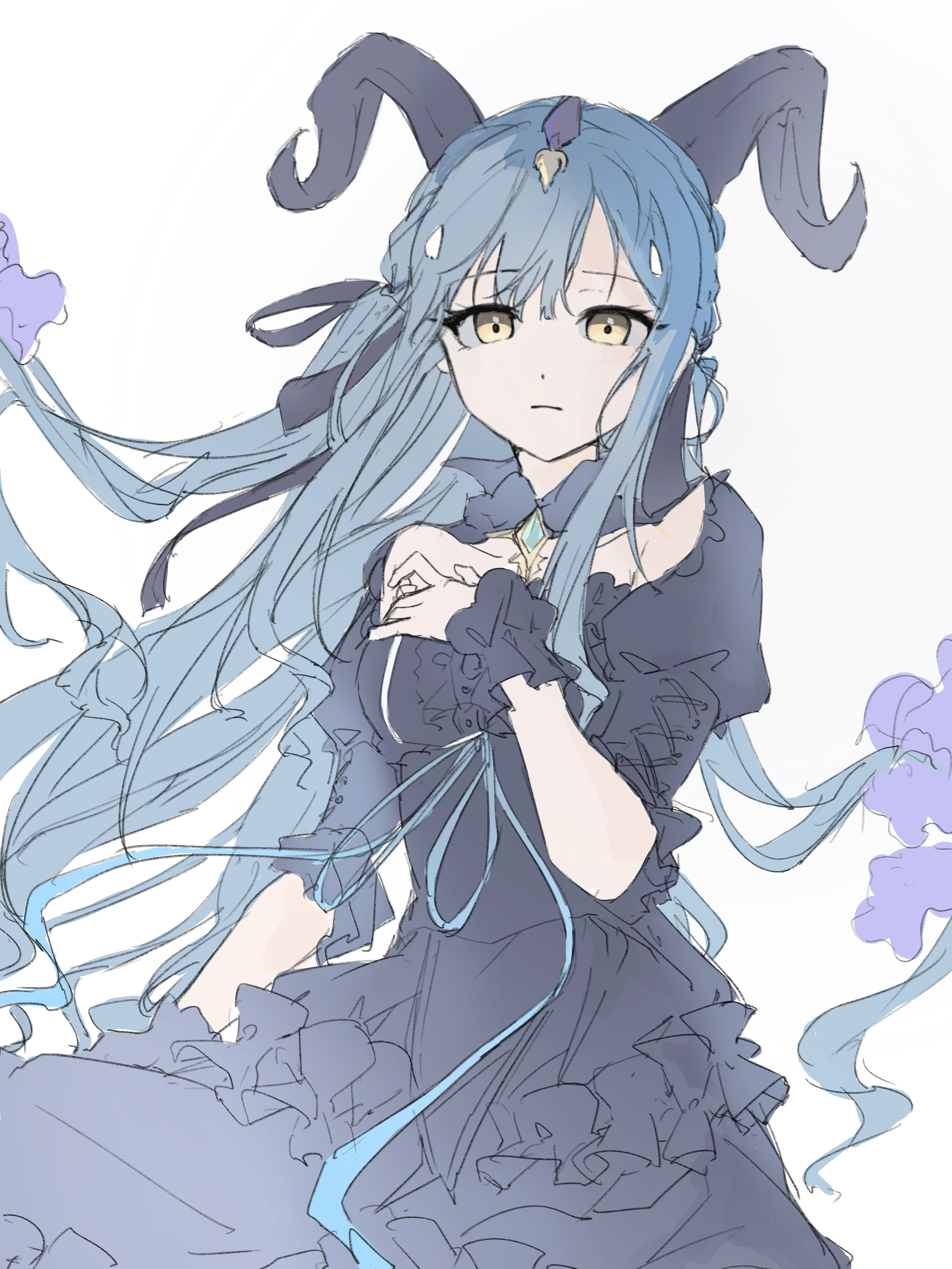 togawa sakiko, arknights, bang dream!, bang dream! it's mygo!!!!!, absurdres, chinese commentary, commentary request, highres, 1girl, black dress, black horns, black ribbon, blue hair, closed mouth, cowboy shot, curled horns, dress, hair ribbon, hand on own chest, hand up, horns, long hair, looking at viewer, official alternate costume, puffy short sleeves, puffy sleeves, qqqqq (xhs 9266575590), ribbon, short sleeves, sidelocks, simple background, solo, standing, togawa sakiko (master of melodia), two side up, white background, wrist cuffs, yellow eyes