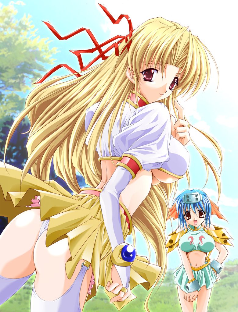 asuka keisuke, shirufana, lunar wing, 2girls, ass, blonde hair, blue hair, multiple girls, red eyes