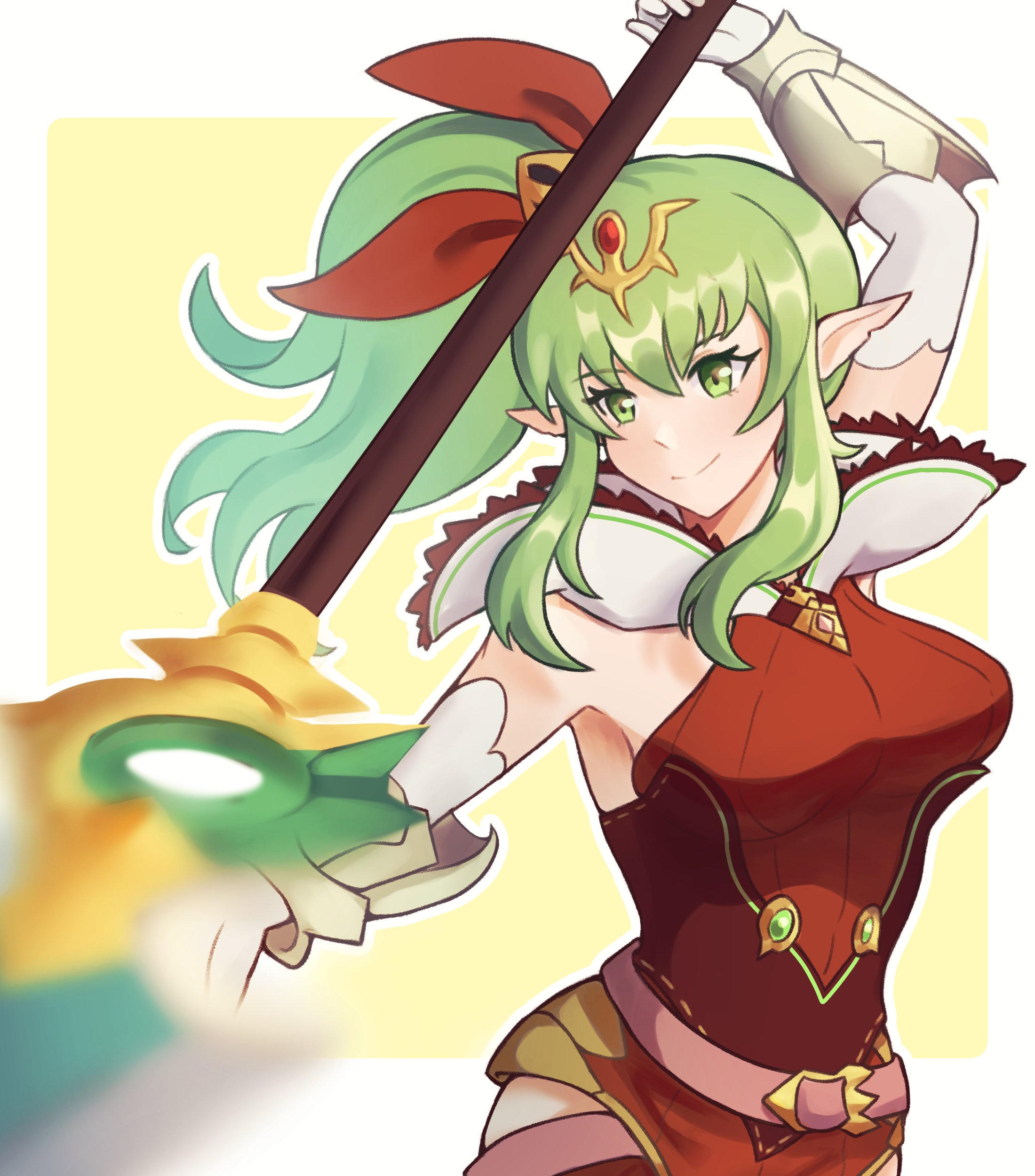dotpyenji, tiki (adult) (fire emblem), tiki (fire emblem), fire emblem, fire emblem awakening, nintendo, absurdres, highres, 1girl, alternate costume, armpits, belt, breasts, closed mouth, dress, elbow gloves, gloves, green eyes, green hair, hair ornament, hair ribbon, holding, holding polearm, holding weapon, large breasts, long hair, pointy ears, polearm, ponytail, red dress, ribbon, simple background, sleeveless, sleeveless dress, smile, solo, tiara, vambraces, weapon, white gloves