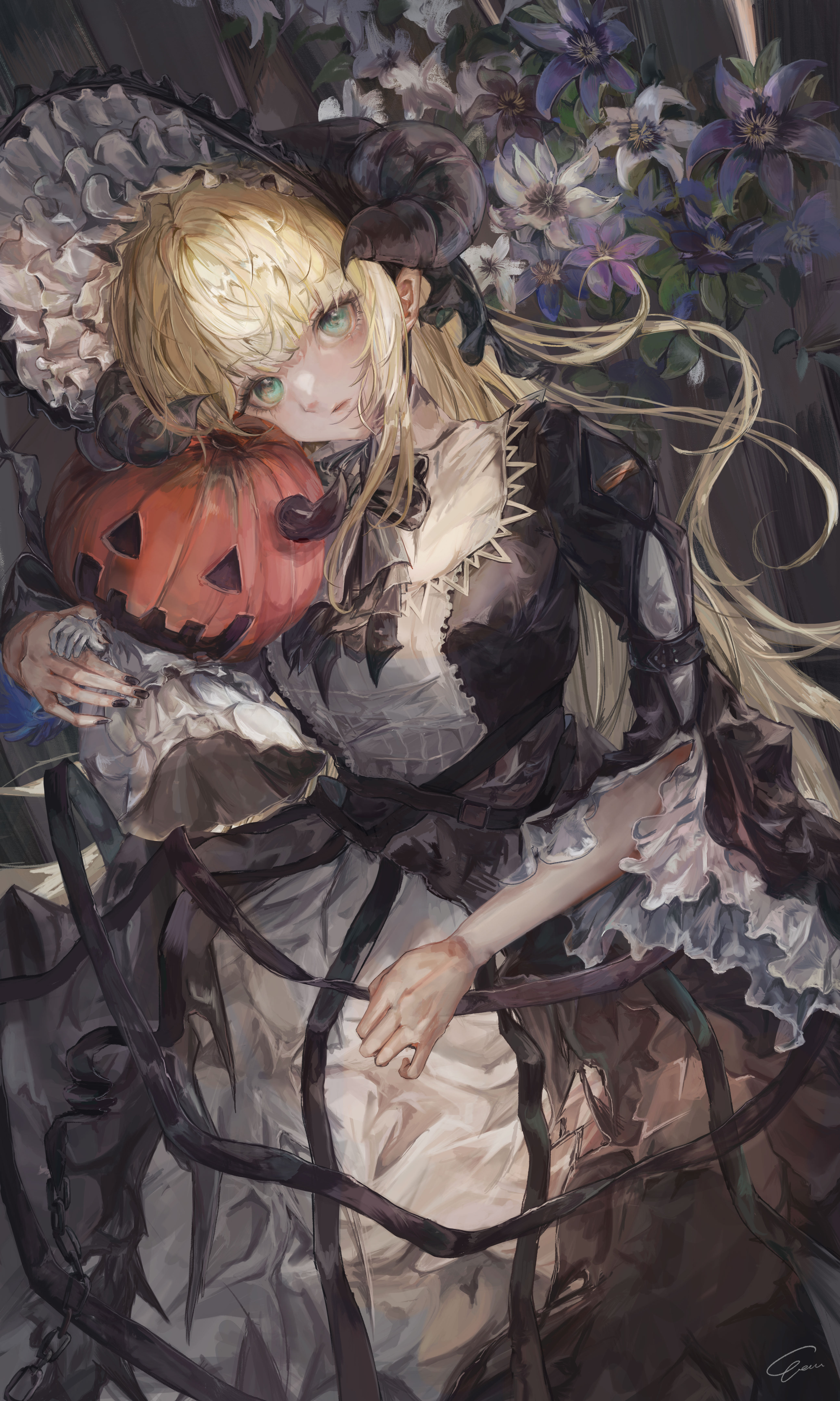 vea (v ea ), nightingale (an elegy) (arknights), nightingale (arknights), arknights, absurdres, highres, 1girl, ascot, black bow, black dress, black horns, black nails, black necktie, blonde hair, blunt bangs, bonnet, bow, closed mouth, crinoline, dress, flower, frills, gothic lolita, green eyes, horns, jack-o'-lantern, lolita fashion, long hair, looking at viewer, necktie, official alternate costume, pumpkin, signature, sitting, solo