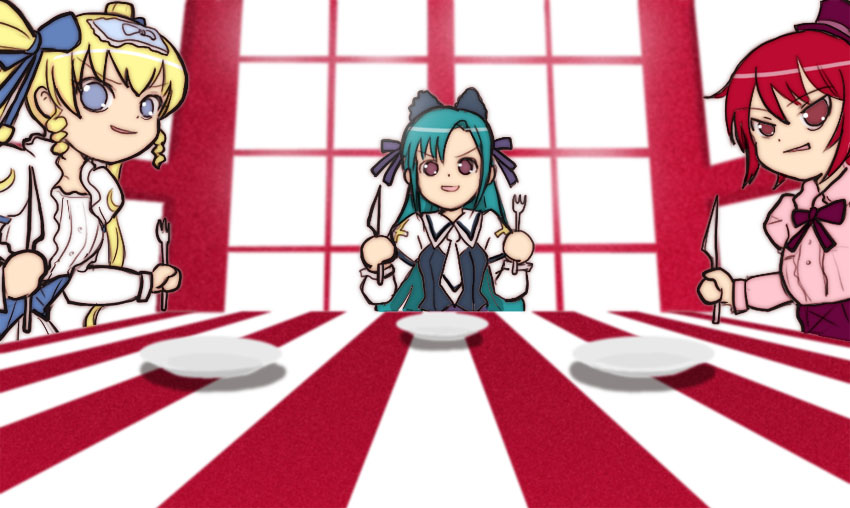 yuuichi (tareme paradise), kaibutsu oujo, blonde hair, green hair, parody, red hair