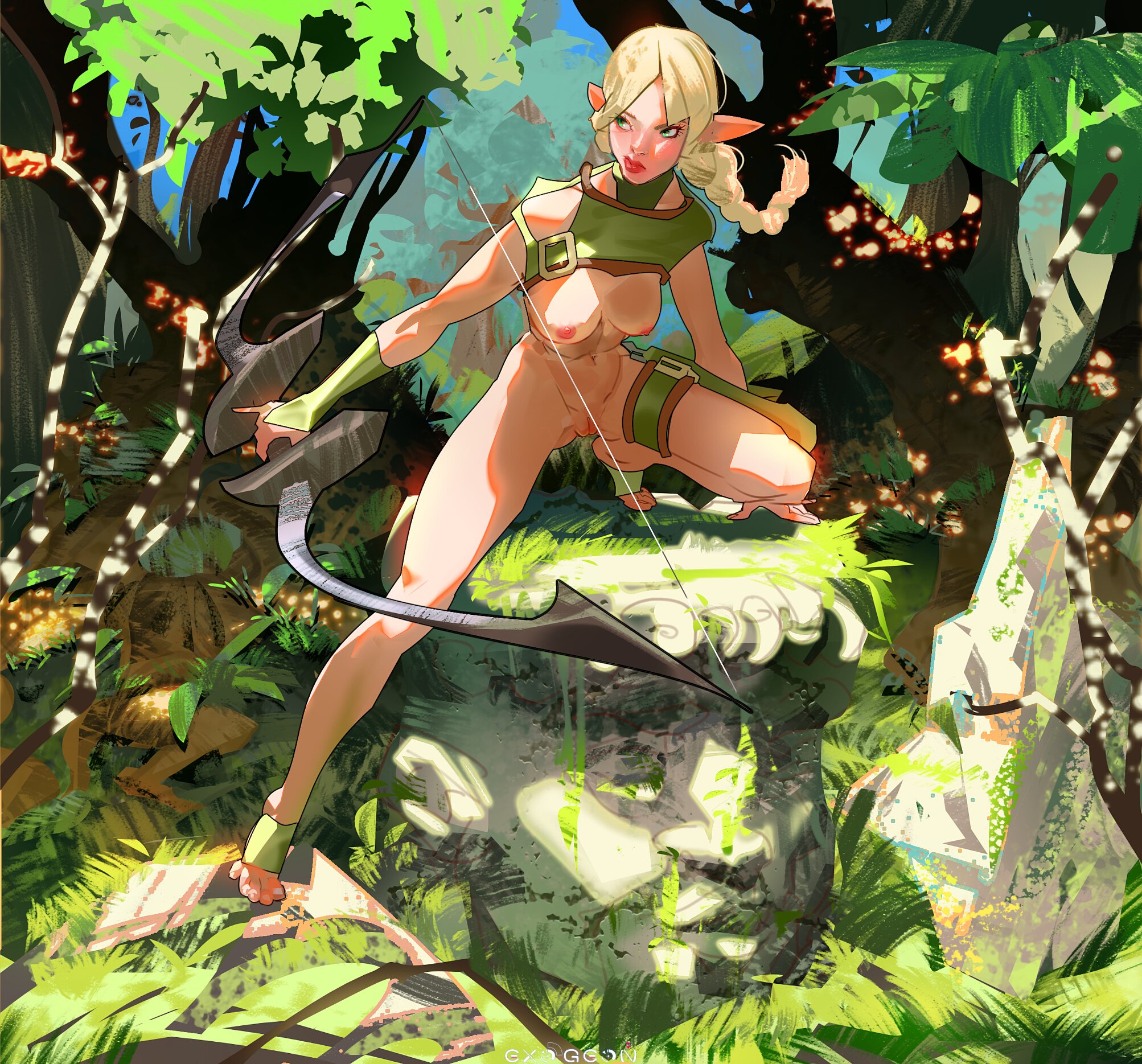 original, highres, 1girl, belt, blonde hair, bow, braid, breasts, colored skin, contrapposto, detached sleeves, elf, exogeon, forest, green eyes, looking to the side, nature, nipples, nude, parted bangs, pointy ears, puffy lips, pussy, red lips, stirrup footwear, thigh belt, thigh strap, white skin