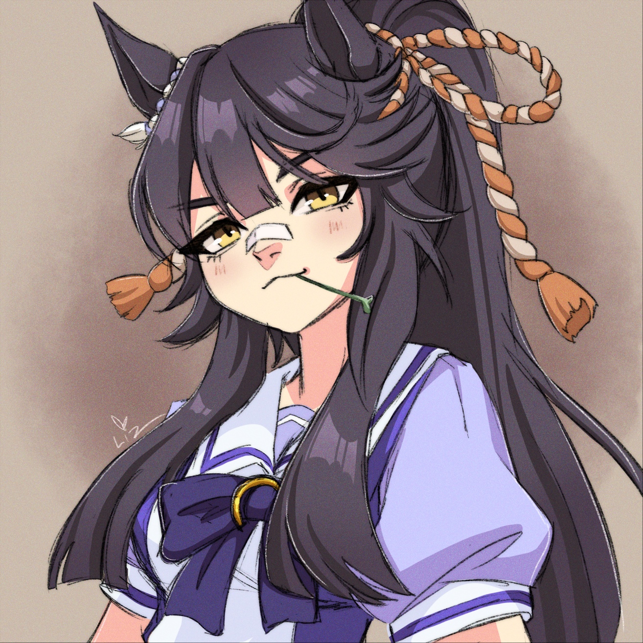 narita brian (umamusume), umamusume, highres, animal ears, bandaid, bandaid on face, bandaid on nose, black hair, bow, ear bow, ear ornament, horse ears, horse girl, lizapproved, looking at viewer, mouth hold, ponytail, purple shirt, school uniform, shirt, stalk in mouth, tracen school uniform, yellow eyes