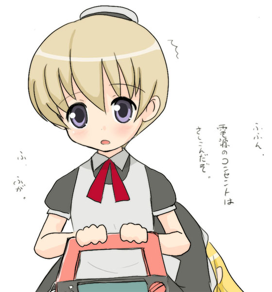 yuuichi (tareme paradise), flandre (kaibutsu oujo), hime (kaibutsu oujo), kaibutsu oujo, 00s, 2girls, android, blonde hair, female focus, maid, multiple girls, standing, white background