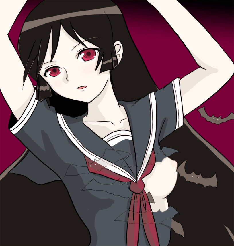 yuuichi (tareme paradise), kamura reiri, kaibutsu oujo, 00s, bat (animal), black hair, nipples, red eyes, school uniform, serafuku, vampire