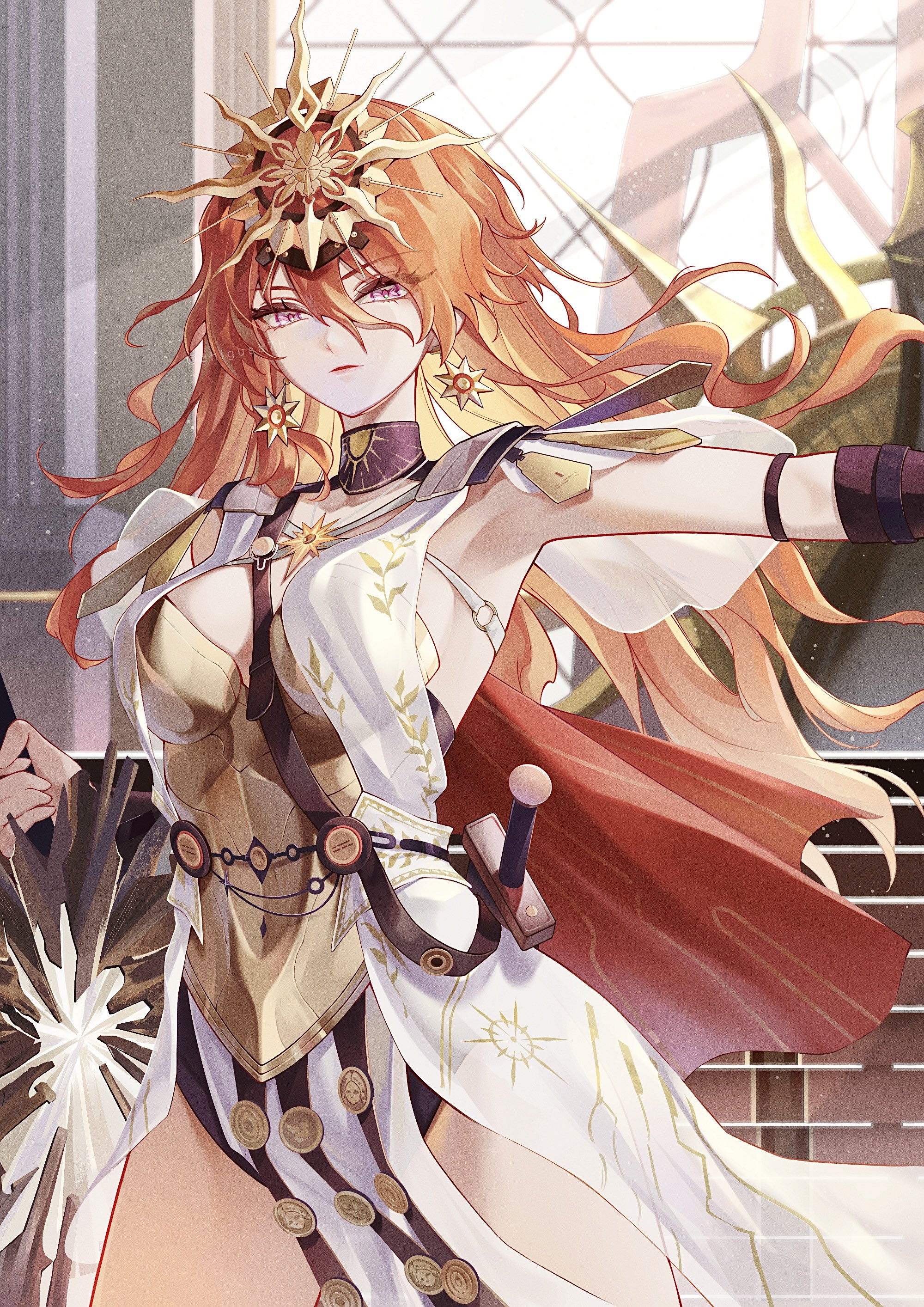 chigusa7h, augusta (wuthering waves), wuthering waves, absurdres, commentary request, highres, 1girl, ancient greek clothes, arm armor, armor, black collar, breastplate, breasts, closed mouth, collar, covered navel, cowboy shot, dress, earrings, greatsword, greco-roman clothes, hair between eyes, headgear, holding, holding sword, holding weapon, jewelry, looking at viewer, medium breasts, red eyes, sheath, solo, sun earrings, sword, thighs, throne room, weapon, white dress