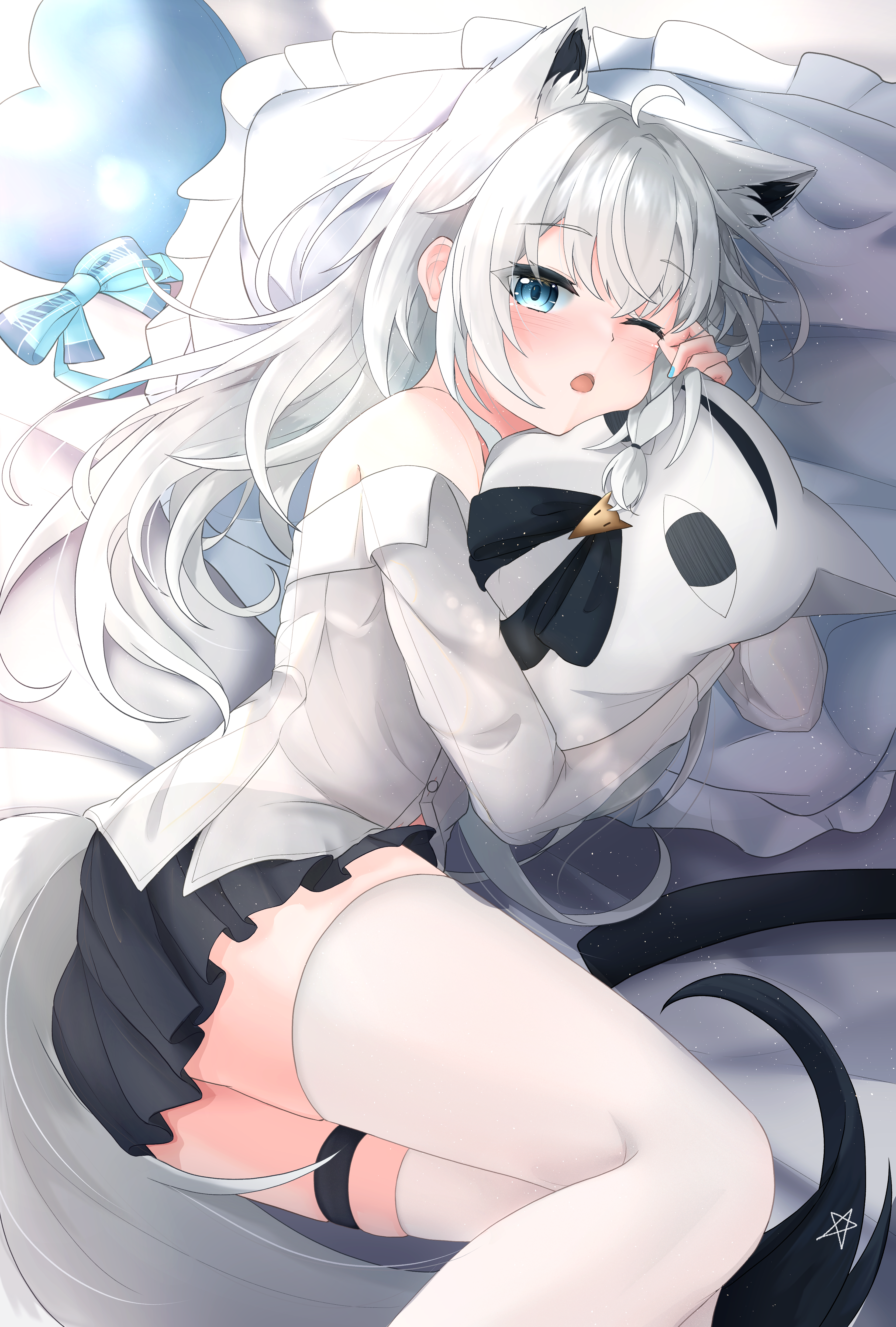 st-147, shirakami fubuki, hololive, absurdres, highres, 1girl, animal ears, bare shoulders, black hair, black skirt, blue eyes, blush, fox ears, fox girl, fox tail, hugging object, indoors, long hair, long sleeves, looking at viewer, lying, multicolored hair, off shoulder, on bed, on side, one eye closed, open mouth, pentagram, pillow, shirt, skirt, solo, tail, thigh strap, thighhighs, white hair, white shirt, white thighhighs