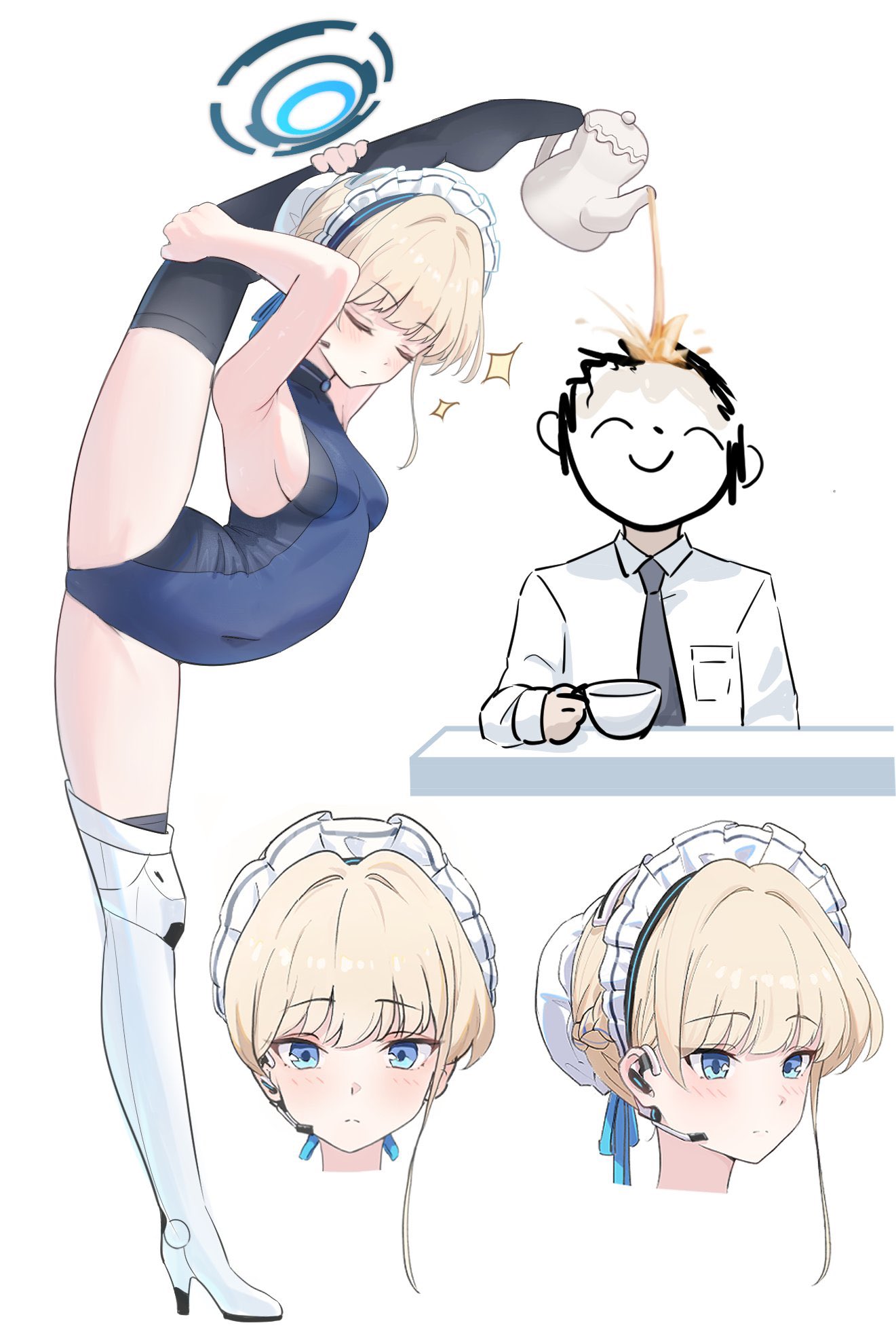 haluka o0, sensei (blue archive), toki (blue archive), blue archive, highres, 1boy, 1girl, blonde hair, blue eyes, blue halo, blue leotard, breasts, closed eyes, cup, full body, hair bun, hair ribbon, halo, halter leotard, halterneck, headset, highleg, leg hold, leotard, multiple views, pouring, ribbon, sideboob, simple background, smile, standing, standing on one leg, strapless, strapless leotard, teapot, thighhighs, white background, white thighhighs