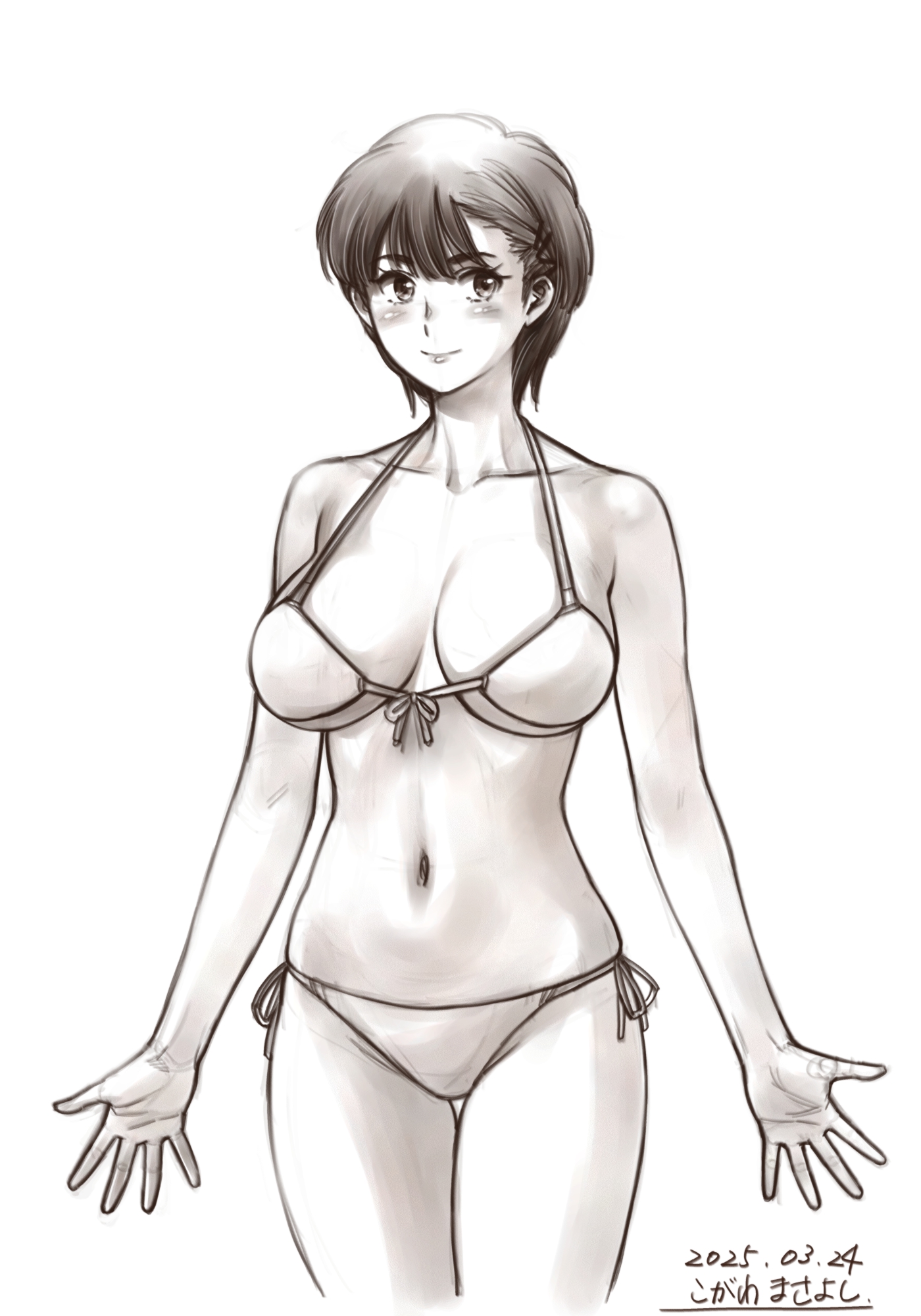 kogawa masayoshi, original, commentary, highres, 1girl, bikini, breasts, collarbone, dated, front-tie bikini top, front-tie top, greyscale, halterneck, large breasts, looking at viewer, monochrome, navel, short hair, side-tie bikini bottom, simple background, solo, swimsuit