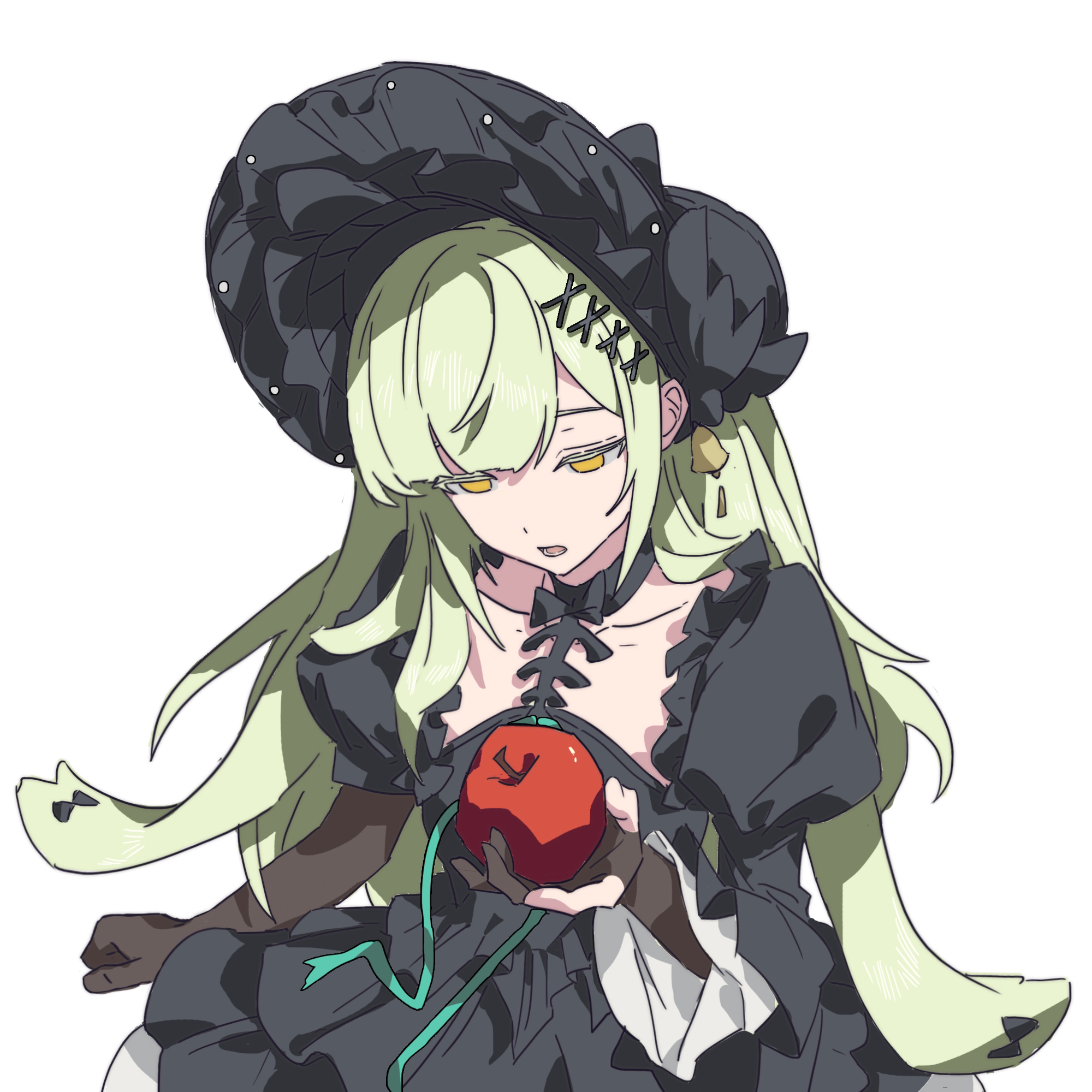 wakaba mutsumi, arknights, bang dream!, bang dream! it's mygo!!!!!, chinese commentary, commentary request, highres, 1girl, animal ears, apple, asymmetrical sleeves, black bonnet, black choker, black dress, bonnet, bu hao chi, choker, cowboy shot, dress, empty eyes, expressionless, floppy ears, food, fruit, green hair, hair ornament, holding, holding food, holding fruit, juliet sleeves, lolita fashion, long hair, long sleeves, official alternate costume, puffy sleeves, rabbit ears, sidelocks, simple background, sitting, solo, wakaba mutsumi (marionette's id), white background, x hair ornament, yellow eyes