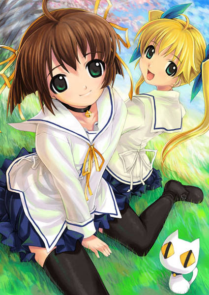 asakura nemu, yoshino sakura, da capo, blonde hair, brown hair, cat, choker, green eyes, jingle bell, ribbon, school uniform, short hair, smile, thighhighs, twintails