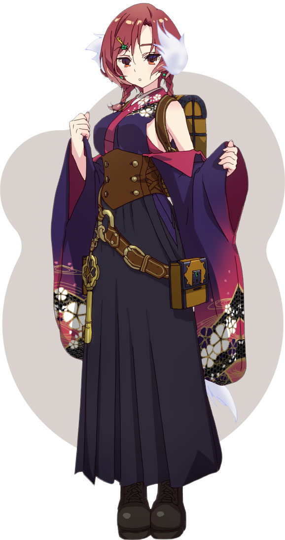 kurashima tomoyasu, yuugiri ruriko, prima doll (anime), official art, 1girl, :o, anime coloring, bare shoulders, belt, belt pouch, black boots, black hakama, blush, bob cut, boots, braid, breasts, brown belt, brown corset, brown eyes, clenched hand, clothing cutout, corset, full body, grey background, hair ornament, hairclip, hakama, hakama skirt, hands up, japanese clothes, key, kimono, large breasts, long skirt, long sleeves, looking at viewer, medium hair, open mouth, pouch, purple kimono, red hair, shoulder cutout, skirt, solo, standing, twin braids, two-tone background, white background, white tail, wide sleeves
