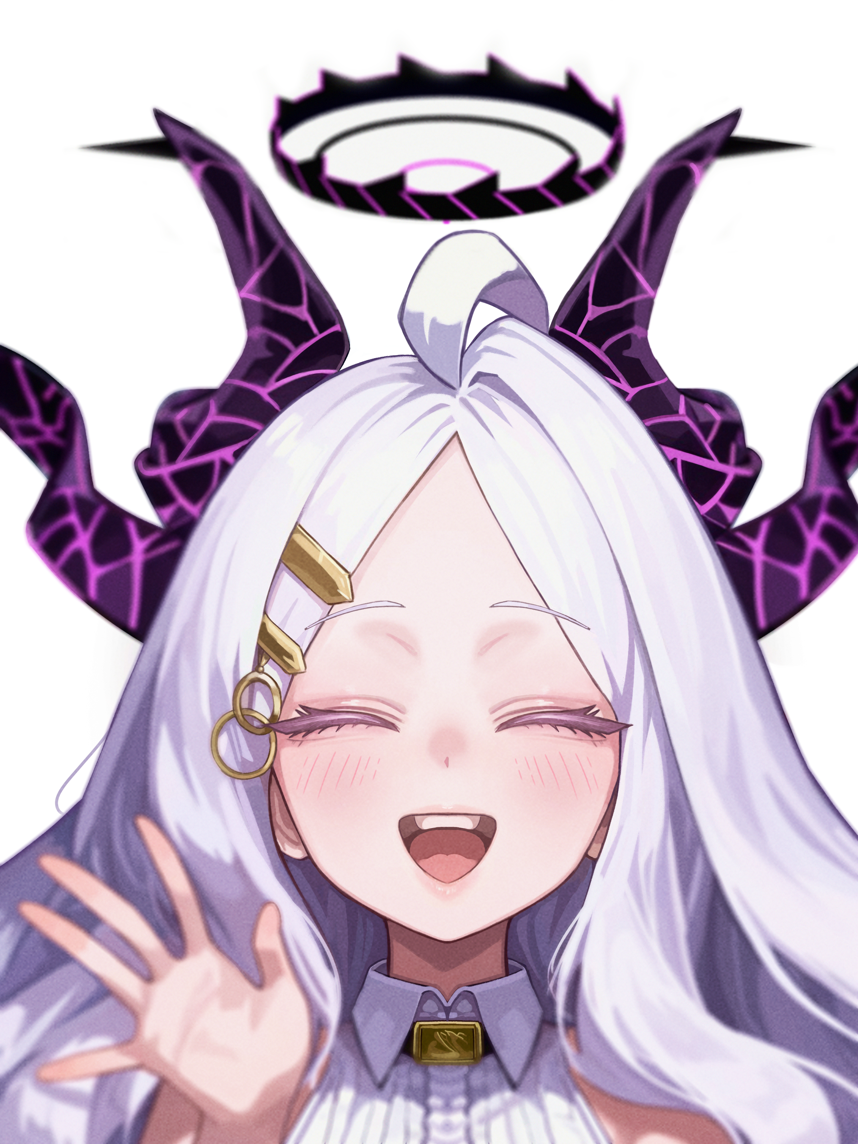 rehu (astd5787), hina (blue archive), blue archive, absurdres, highres, 1girl, black halo, blush, demon girl, demon horns, halo, horns, long hair, open mouth, smile, solo, white hair