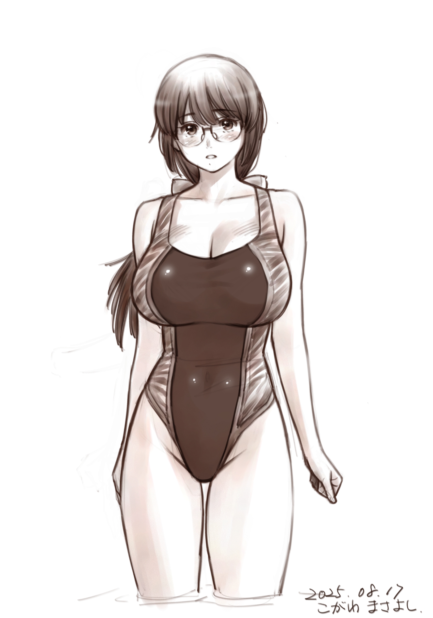 kogawa masayoshi, original, commentary, highres, 1girl, breasts, cleavage, collarbone, covered navel, dated, glasses, greyscale, large breasts, long hair, looking at viewer, monochrome, one-piece swimsuit, parted lips, simple background, solo, swimsuit, wading, water