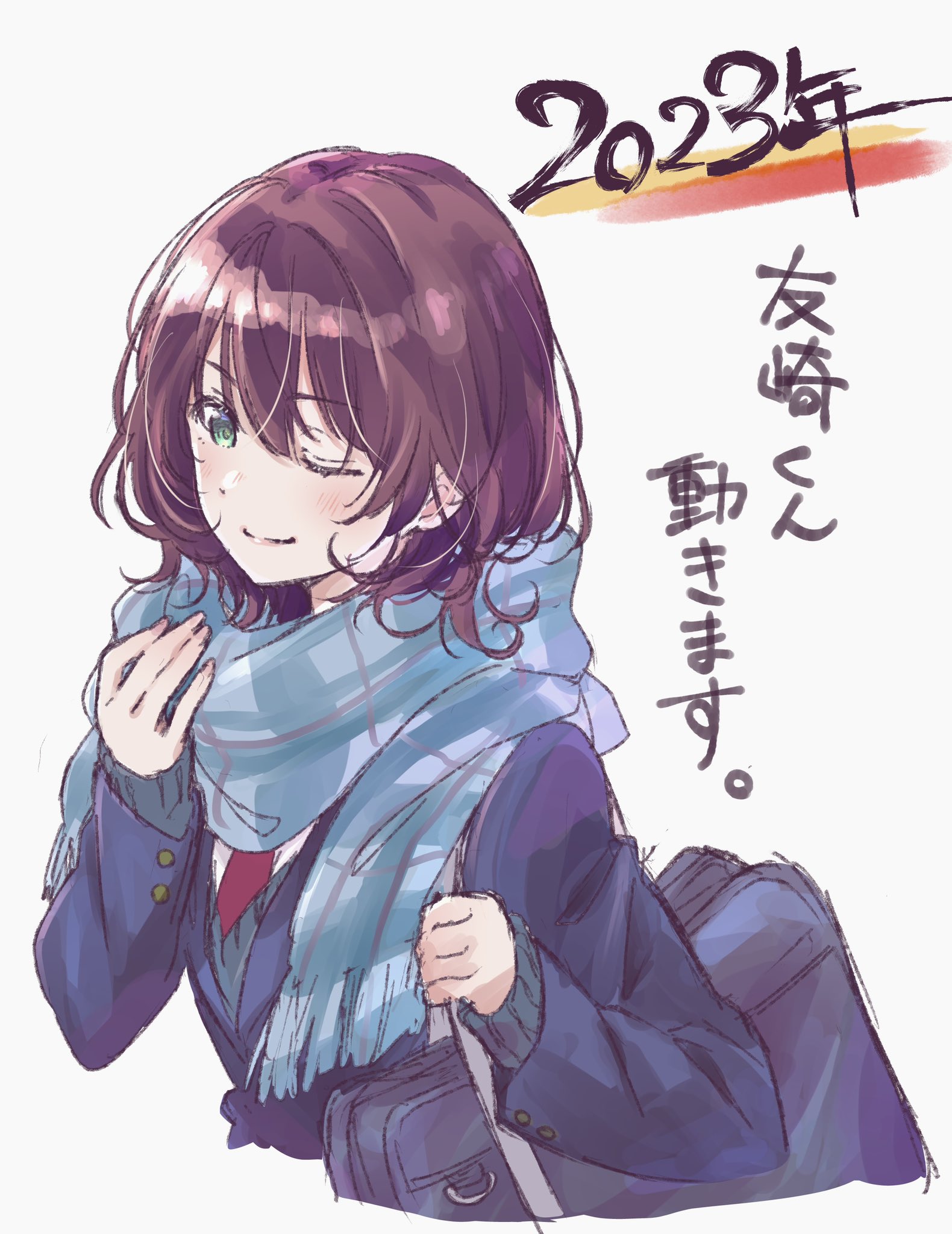 yano akane, hinami aoi, jaku-chara tomozaki-kun, commentary request, highres, translation request, 1girl, 2023, ;), bag, blazer, blue jacket, blue scarf, brown hair, closed mouth, cropped torso, green eyes, jacket, long sleeves, necktie, one eye closed, plaid clothes, plaid scarf, red necktie, scarf, school bag, school uniform, short hair, simple background, smile, solo, white background