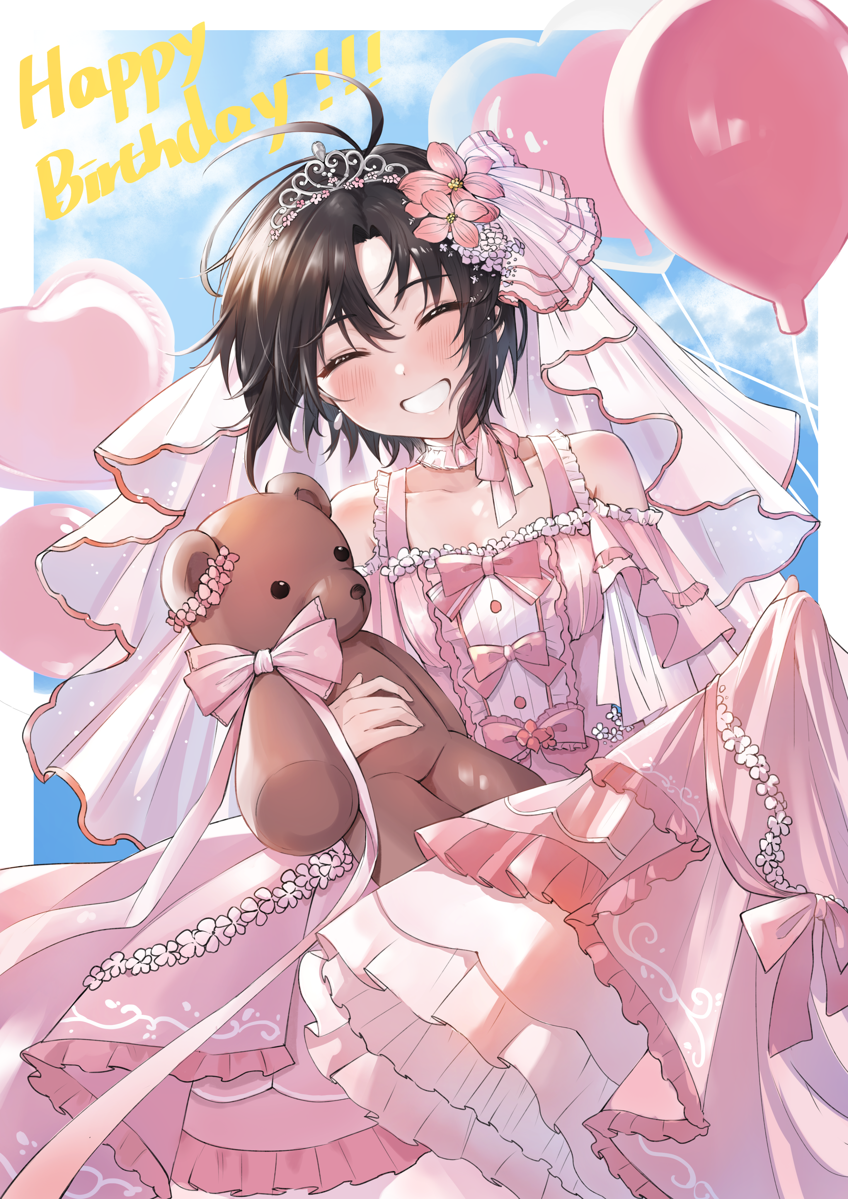 aburi-gatana, kikuchi makoto, idolmaster, idolmaster (classic), absurdres, commentary request, highres, 1girl, ^ ^, antenna hair, balloon, black hair, blush, bridal veil, closed eyes, doll, dress, facing viewer, flower, hair flower, hair ornament, happy birthday, holding, holding doll, off-shoulder dress, off shoulder, pink dress, short hair, smile, solo, stuffed animal, stuffed toy, teddy bear, veil, wedding dress