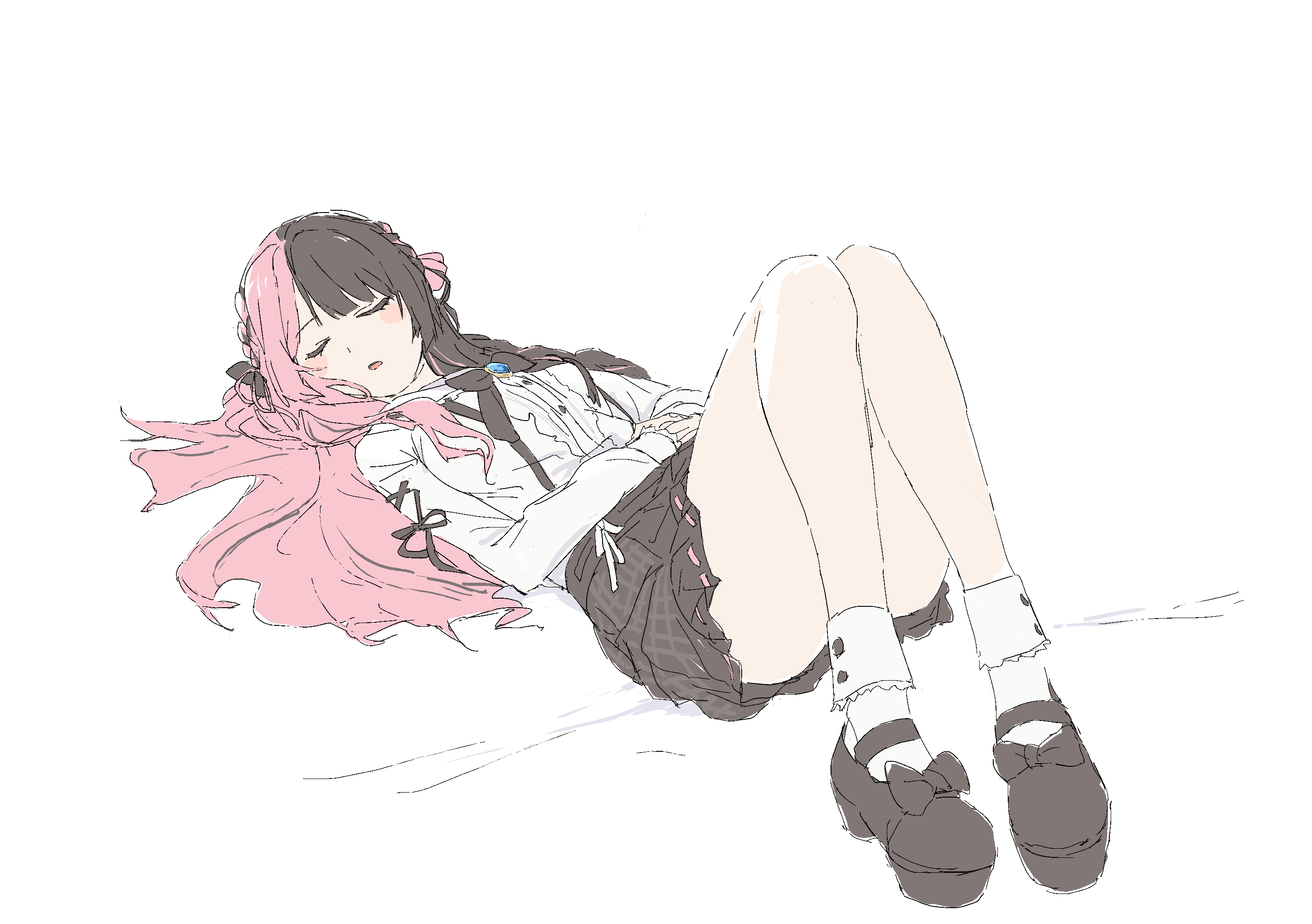 mmmkawaine, tachibana hinano, tachibana hinano (1st costume), vspo!, highres, 1girl, asymmetrical hair, black bow, black shoes, bow, braid, brown hair, hair bow, knees up, loafers, long hair, lying, multicolored hair, open mouth, pink bow, pink hair, ribbon, shirt, shoes, simple background, skirt, sleeping, socks, solo, split-color hair, two-tone hair, virtual youtuber, white background, white shirt, white socks