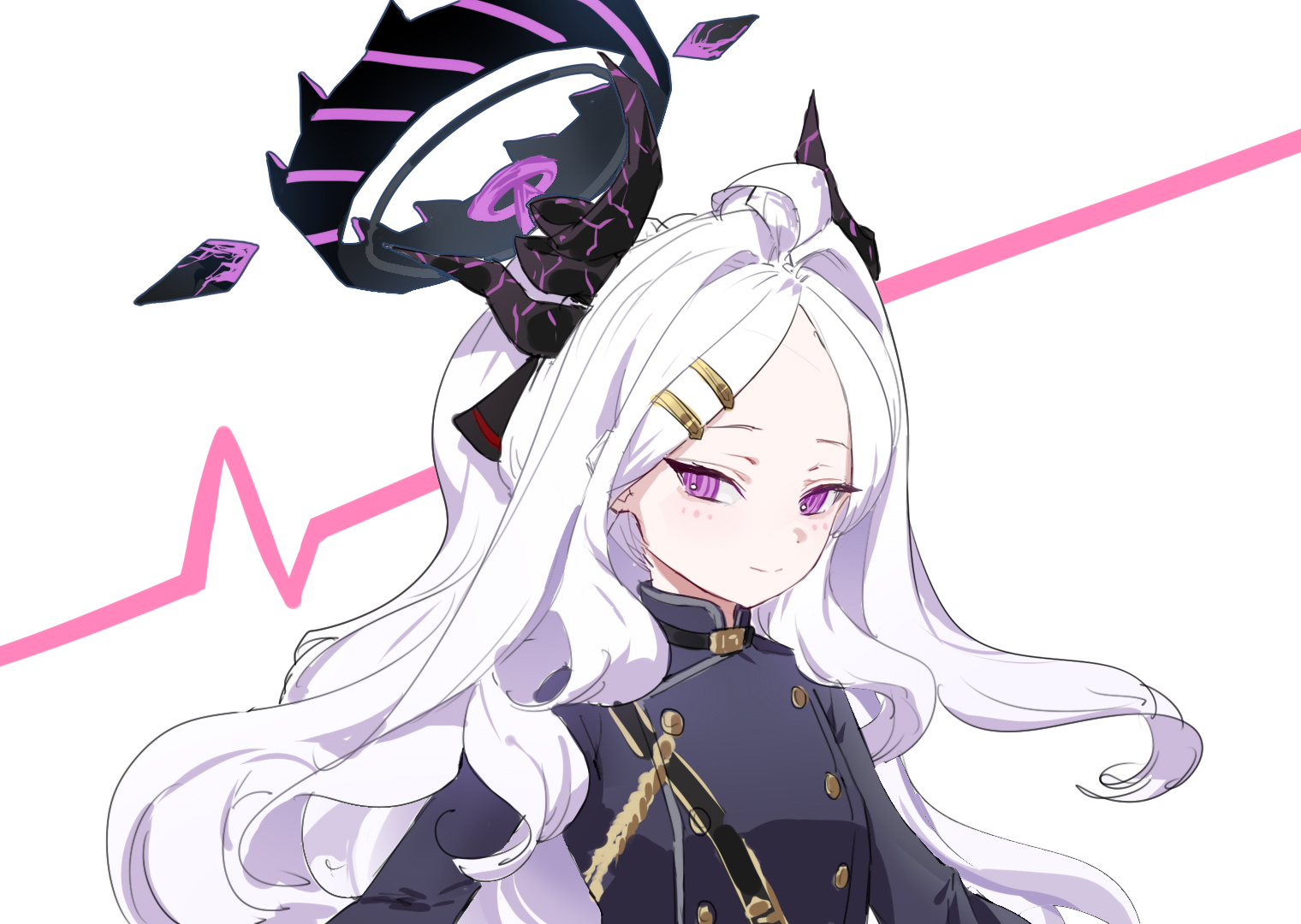 wucai banlan yu, hina (blue archive), blue archive, 1girl, ahoge, black halo, breasts, demon girl, demon horns, halo, horns, long hair, looking at viewer, purple eyes, small breasts, solo, upper body, very long hair, white hair