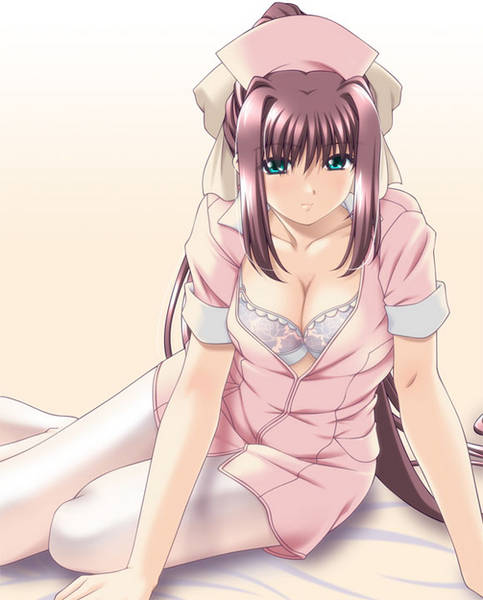 nanase ren, yakin byoutou, duplicate, 00s, 1girl, bed, bra, breasts, brown hair, cleavage, female focus, green eyes, huge breasts, lingerie, long hair, nurse, open clothes, open shirt, pantyhose, shirt, solo, underwear
