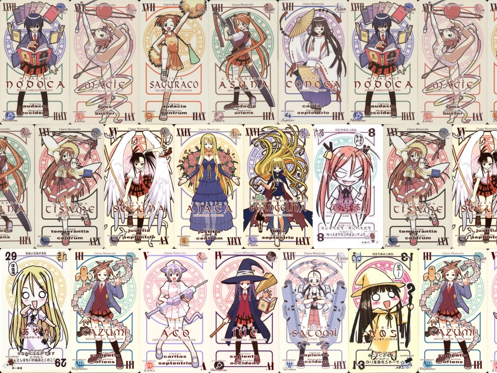 akamatsu ken, asakura kazumi, ayase yue, chachazero, evangeline a.k. mcdowell, hakase satomi, hasegawa chisame, izumi ako, kagurazaka asuna, konoe konoka, miyazaki nodoka, sakurazaki setsuna, sasaki makie, shiina sakurako, yukihiro ayaka, mahou sensei negima!, 00s, animal ears, bell, bonnet, book, braid, broom, card (medium), diarium ejus, dress, ensis exorcizans, flabellum euri & flabellum australe, flower, folding fan, glasses, hair ornament, hand fan, hat, heterochromia, holding, holding removed eyewear, jupiter symbol, long hair, mars symbol, mercury symbol, neptune symbol, nurse, orange hair, orbis sensualium pictus, pactio, plaid clothes, plaid skirt, pluto symbol, purple hair, rose, saturn symbol, sceptrum virtuale, school uniform, sica shishikushiro, skirt, sword, thighhighs, twin braids, twintails, unworn eyewear, uranus symbol, venus symbol, very long hair, wand, weapon, witch, witch hat