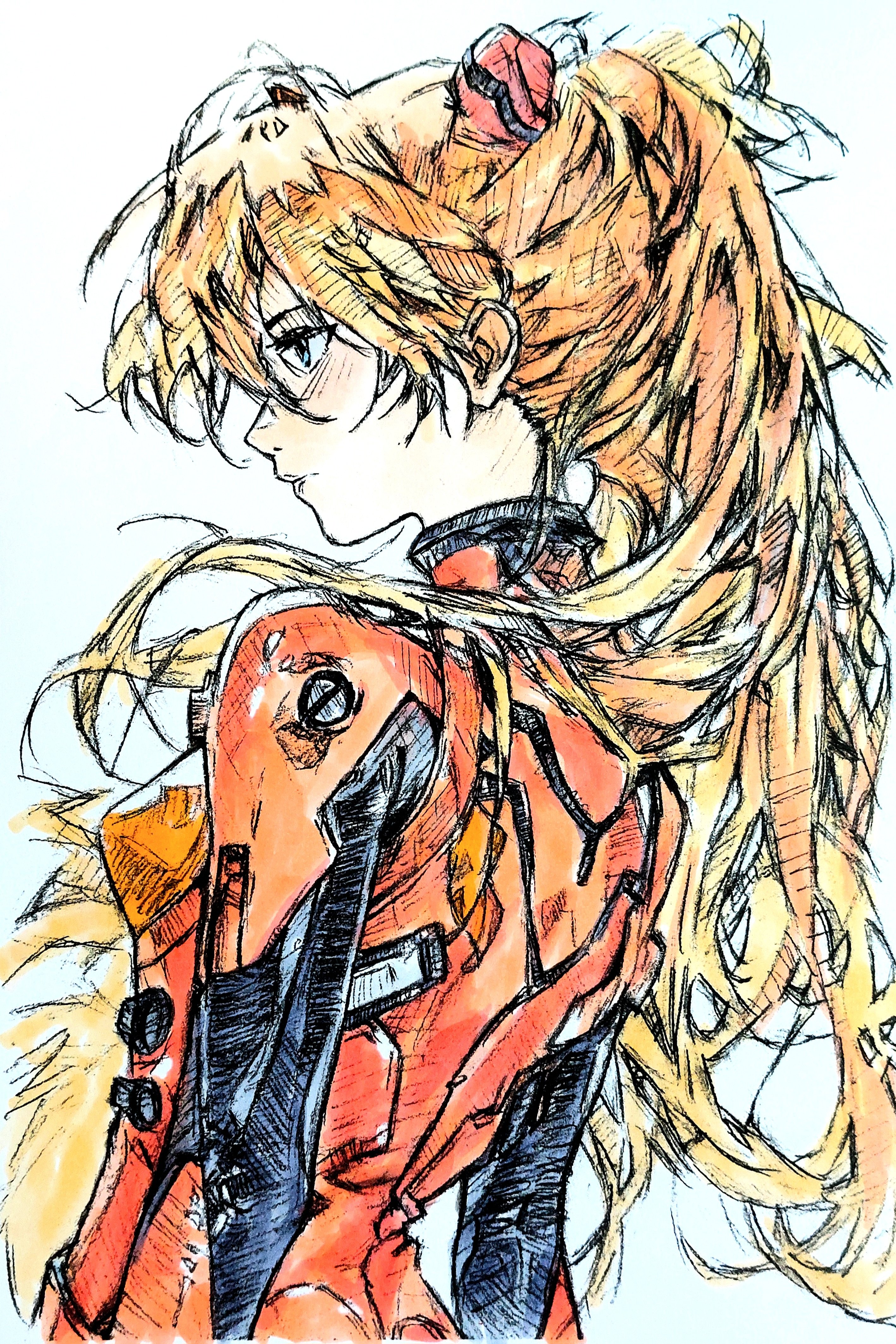 i4teruz, souryuu asuka langley, neon genesis evangelion, absurdres, colored pencil (medium), commentary request, highres, traditional media, 1girl, bodysuit, breasts, from side, interface headset (evangelion), long hair, looking to the side, mecha pilot suit, plugsuit (evangelion), red bodysuit, red hair, solo