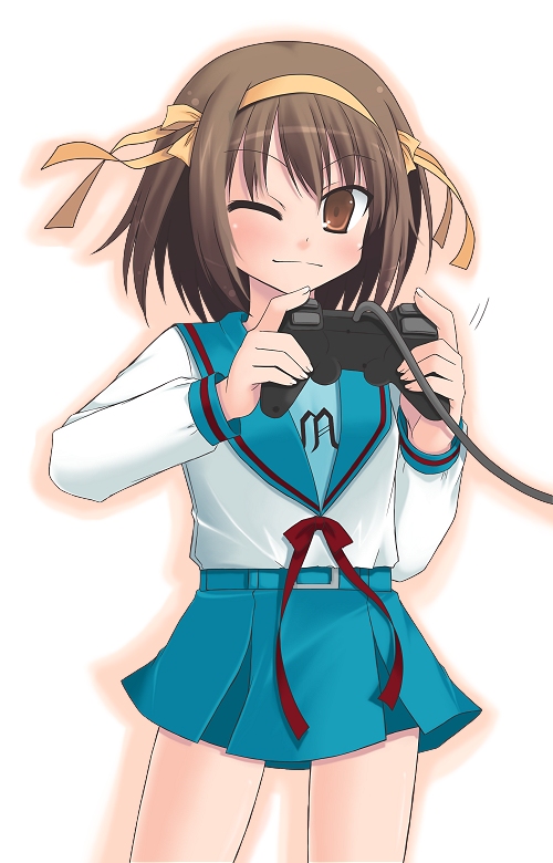 amamiya minato, suzumiya haruhi, suzumiya haruhi no yuuutsu, 00s, playing games, school uniform, serafuku, solo, video game