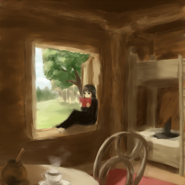 kurumaebi, bad id, bad pixiv id, book, open book, reading, room, solo, table, tea, window, witch
